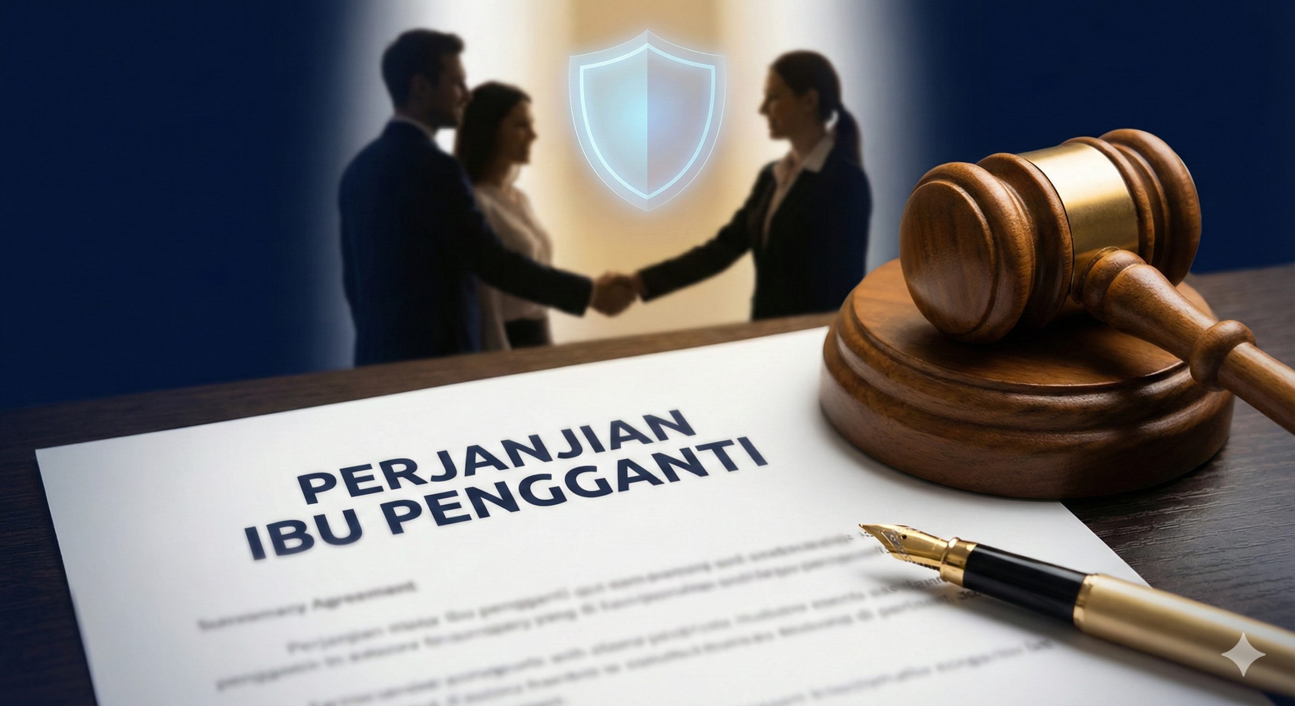 一张强调安全与法律保障的特写图片，旨在消除恐惧。画面特写展示桌面上的一份正式法律文件，标题模糊可见'Surrogacy Agreement'，文件旁放置着象征公正的木质法槌和一支高档钢笔。背景中有一对准父母与代理孕母在柔和的光线下握手的模糊剪影，被一个半透明的蓝色盾牌光效包裹，象征法律对双方的保护。整体色调为稳重的海军蓝与金色，传达信任、专业和安全感，对应文中关于法律保护的内容。