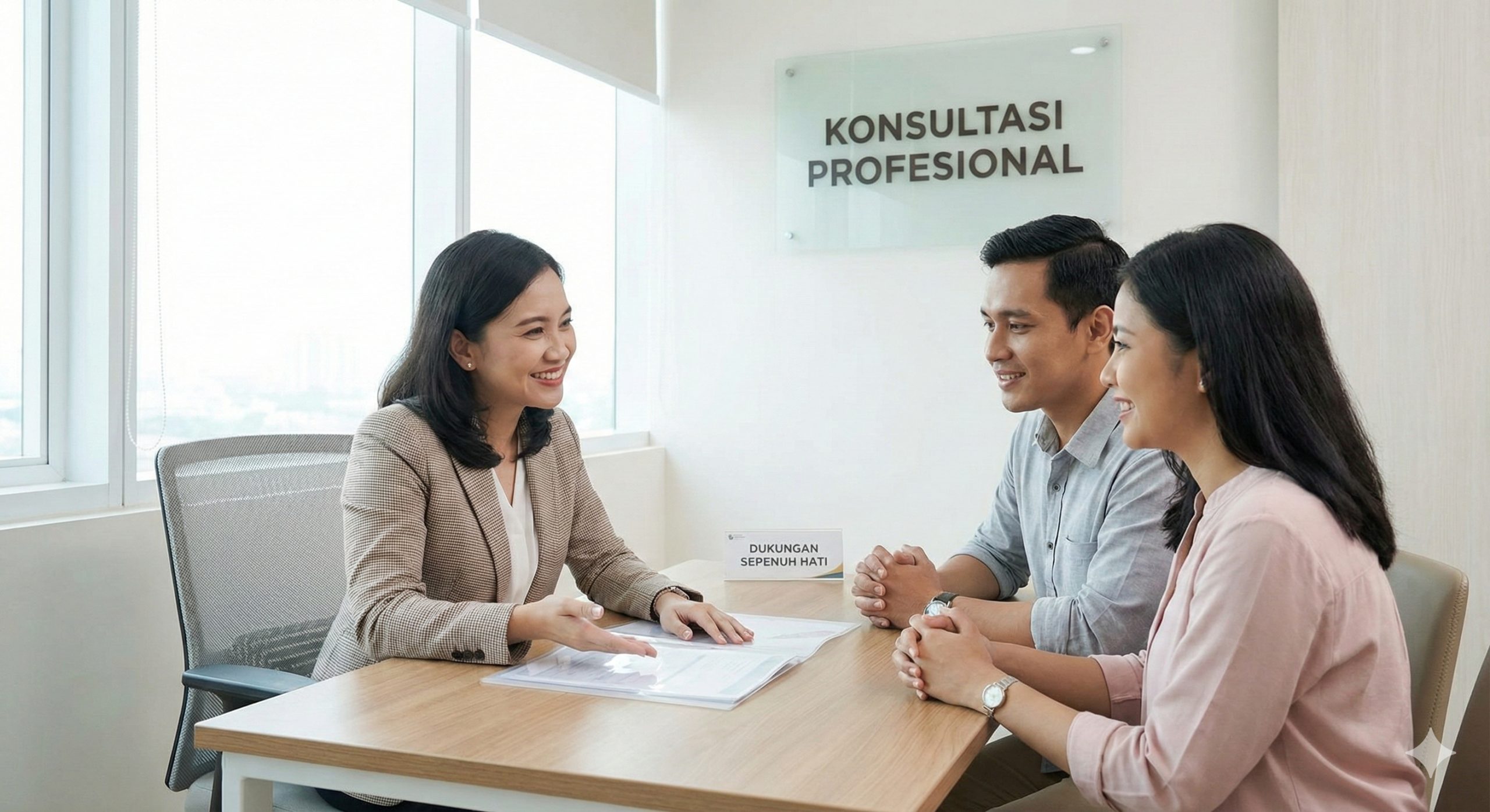 展现专业代孕机构服务优势的场景摄影图。画面描绘了一个明亮、现代化的医疗咨询室内,一位穿着职业装的女性顾问(代表surrogatepregnancy.com团队)正微笑着与一对夫妇进行深入交谈,桌上放着透明的资料夹。夫妇脸上洋溢着安心和信任的表情,消除了焦虑感。光线明亮温暖,构图强调人与人之间的连接和专业支持,突出“严格筛选”和“全程陪同”的服务核心。