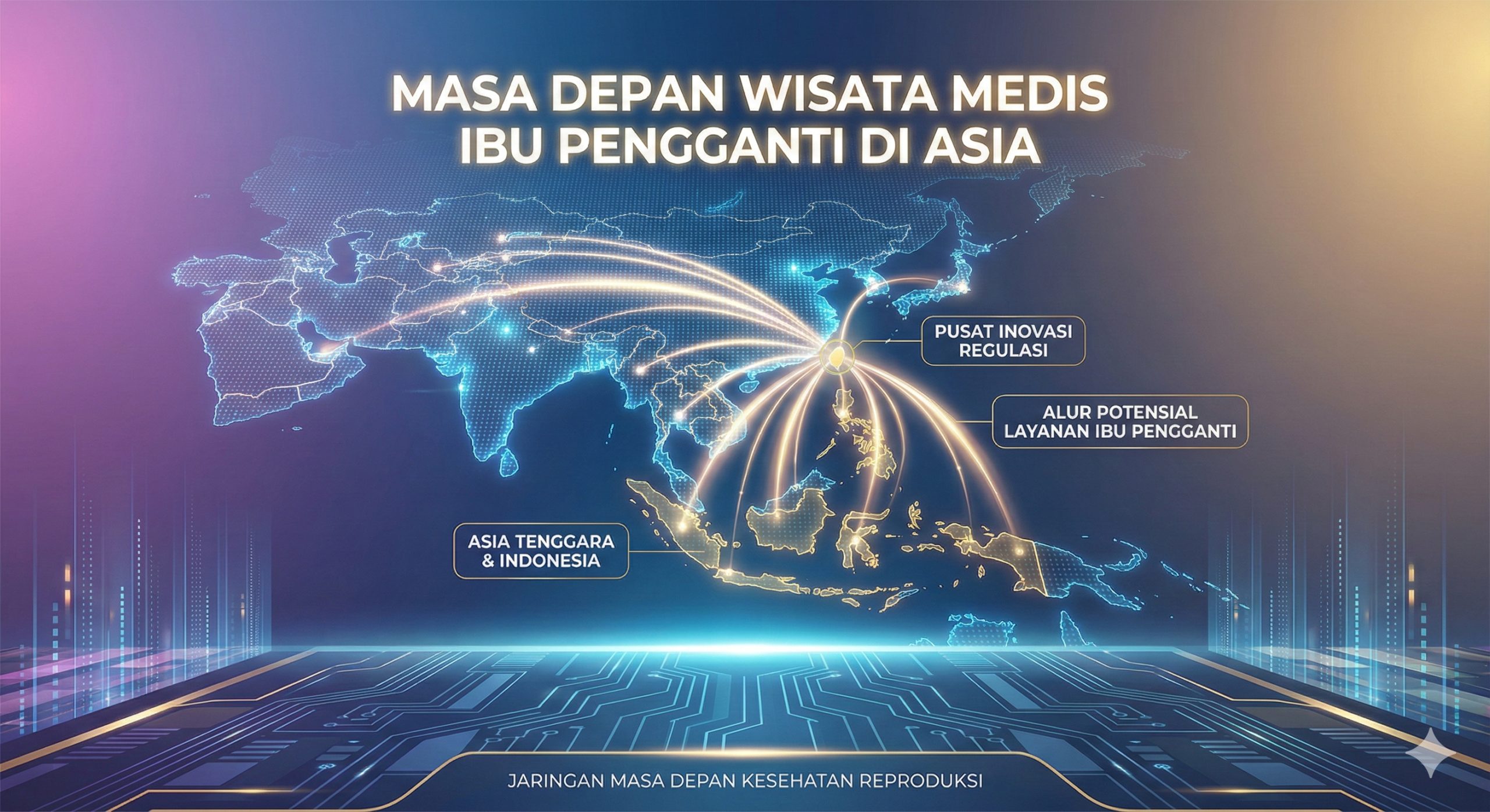 一张展望未来的概念图，以亚洲地图为核心，从台湾向周边国家（如印尼、东南亚）辐射出光路，象征医疗旅游的潜在流动。画面下方带有surrogatepregnancy.com风格的现代科技感底纹，整体构图大气、开阔，总结全文并暗示亚洲代孕市场的未来变革。