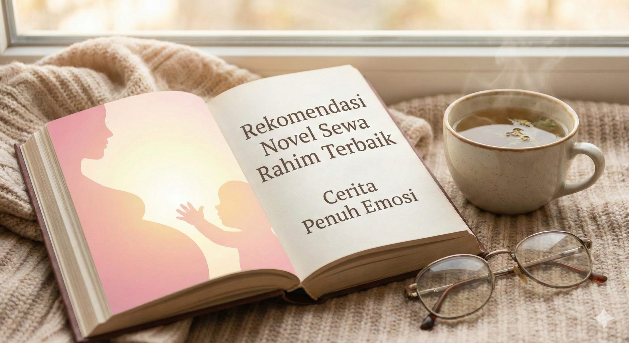 一张充满文学气息与情感氛围的特写照片，展示了一本打开的精装小说放置在柔软的米色针织毯上。书页旁摆放着一杯冒着热气的花草茶和一副复古阅读眼镜。背景是温暖的室内柔光，营造出舒适的阅读环境。书的封面隐约可见一个象征性的孕妇剪影或婴儿的小手，色调柔和，以淡粉色和暖黄色为主，完美契合‘代孕小说推荐’的主题，吸引喜欢情感故事的读者。