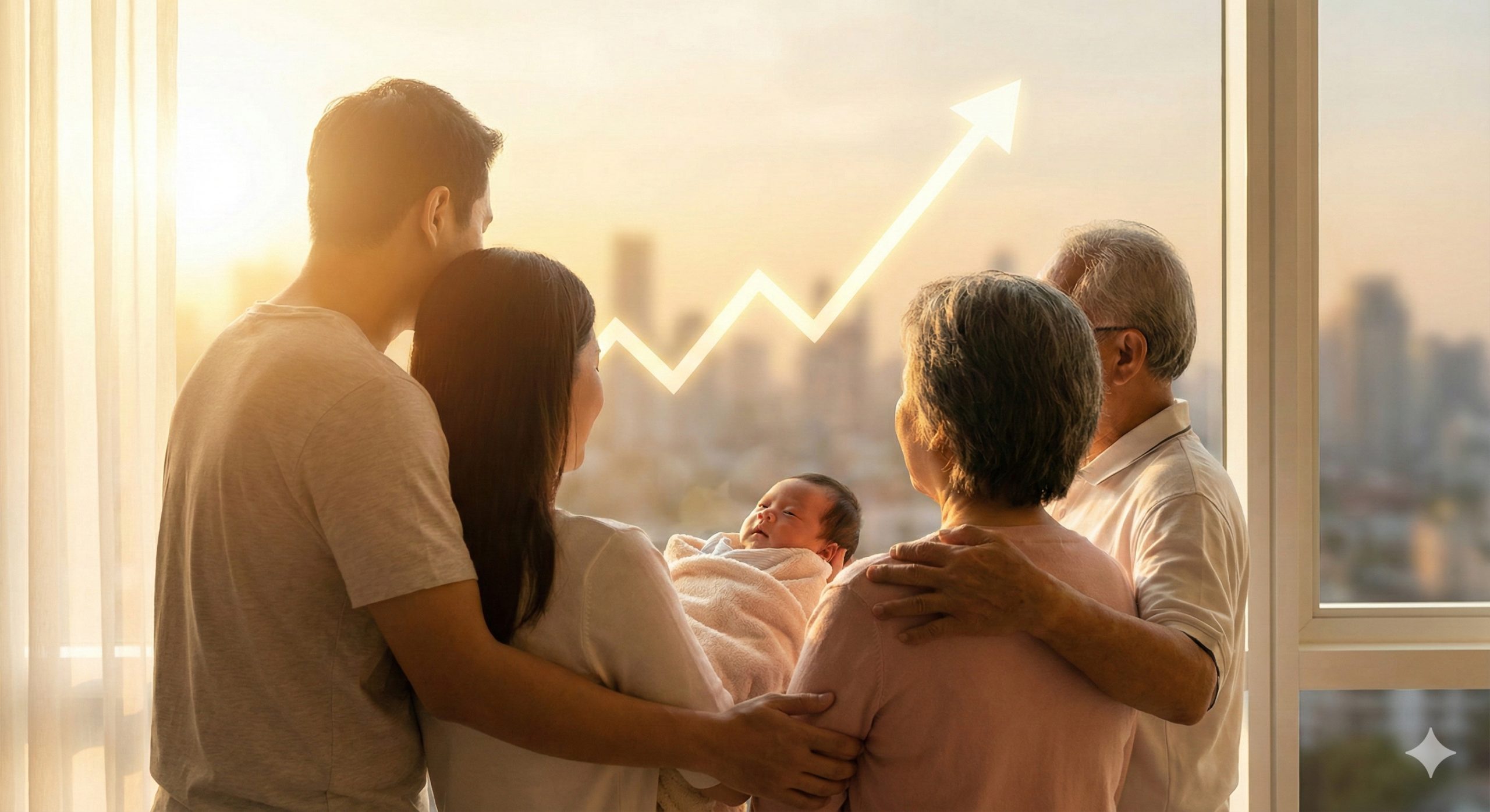 画面展示一个温馨的亚洲家庭抱着新生儿的背影或侧影，沐浴在温暖的晨光中，背景隐约可见上升的图表线条，象征代孕政策对解决少子化危机和人口增长的积极影响。色调温暖、充满希望，传递出家庭圆满与社会生机勃勃的情感连接。