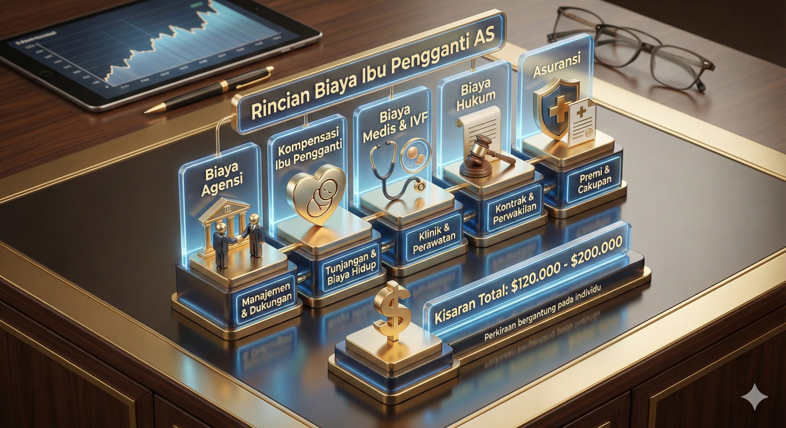 一张清晰的3D等距风格信息图表,放置在看起来昂贵且现代化的办公桌面上。图表详细可视化地拆解了美国代孕的费用结构,分为“中介费”、“代母补偿”、“医疗IVF费用”、“法律费用”和“保险”等板块。每个板块配有精致的3D图标(如听诊器、法槌、爱心、美元符号)。配色方案采用专业的深蓝色、金色和洁白色,传达财务透明度、专业性与高价值感,帮助读者直观理解12万至20万美元的资金分布。