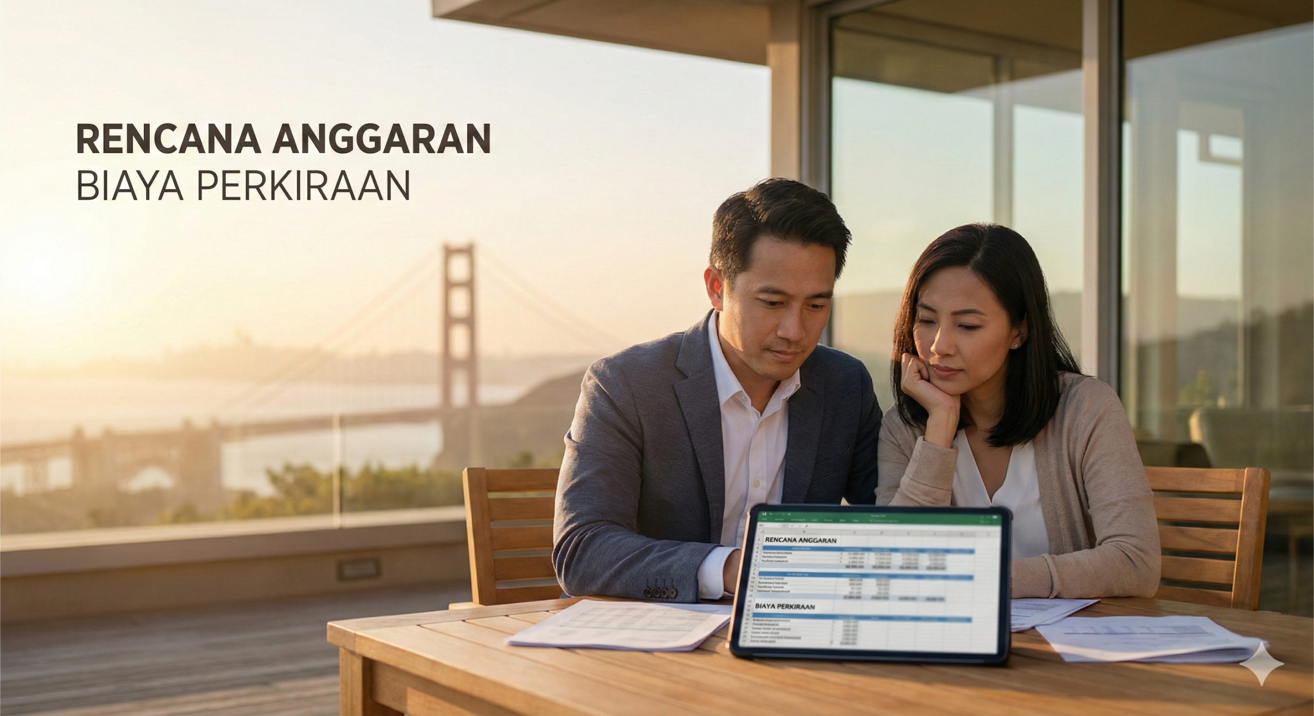 A high-quality, cinematic cover image featuring a thoughtful Asian couple sitting at a modern table, reviewing financial documents or a tablet displaying a budget plan. In the background, out of focus, is the iconic Golden Gate Bridge or a sunny California landscape to establish the location. The lighting is warm and natural (golden hour), evoking a sense of hope and serious planning. The composition should be balanced, leaving space for text overlay, with a color palette of soft blues, whites, and warm sunlight tones.