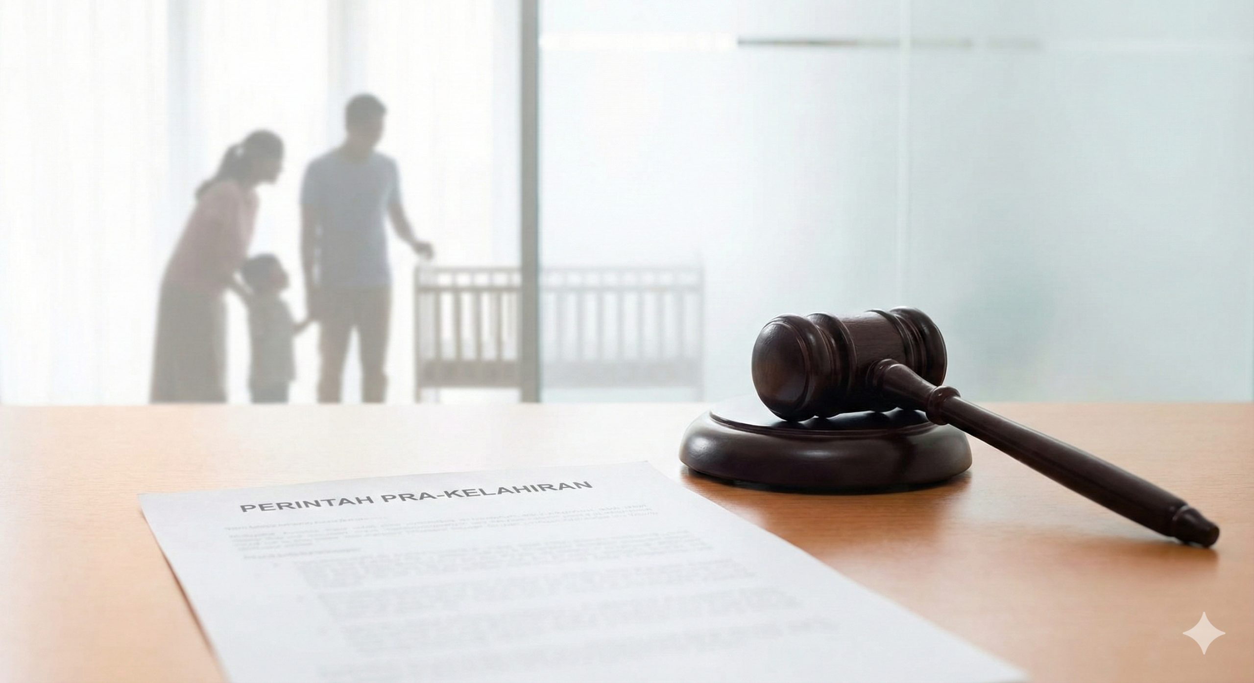 A conceptual image highlighting the legal advantages of California surrogacy. A wooden judge's gavel rests on a blurred legal document titled 'Pre-birth Order'. In the soft-focus background, a silhouette of a happy family or a baby crib is visible, symbolizing that the high cost ensures legal safety and parental rights. The image should exude authority, safety, and peace of mind, with a clean, high-key lighting setup.