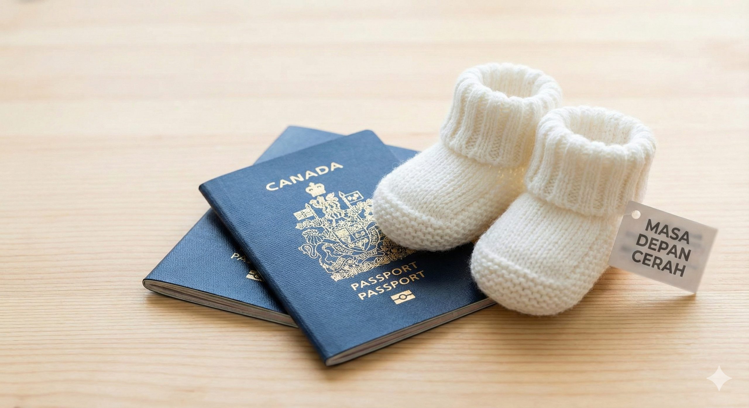 一张高清晰度的特写图片,重点展示加拿大国籍的优势。画面中央是一本清晰的蓝色加拿大护照,旁边放置着一双可爱的白色针织婴儿鞋或婴儿连体衣。背景是浅色的木质桌面,景深较浅,使焦点完全集中在护照和婴儿用品上。光线明亮洁净,象征着孩子光明的未来和法律保障,视觉风格专业且精致。