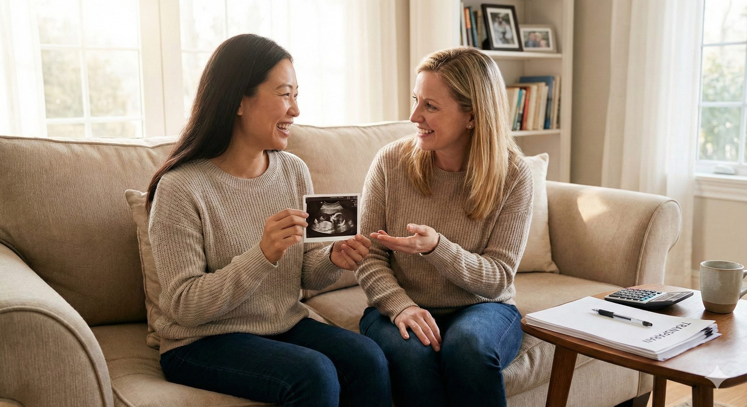 展示加拿大代孕道德与成本优势的图片。画面中是一位准妈妈(亚洲人)和一位代孕妈妈(白人)坐在舒适的沙发上,手里拿着超声波照片,彼此微笑交谈,展现出利他主义(Altruistic)模式下的人性关怀与友谊。画面一角可以巧妙地融入计算器或整齐的账单,暗示费用的透明与可控。整体氛围温馨、家庭化,避免过于商业或冰冷的感觉。