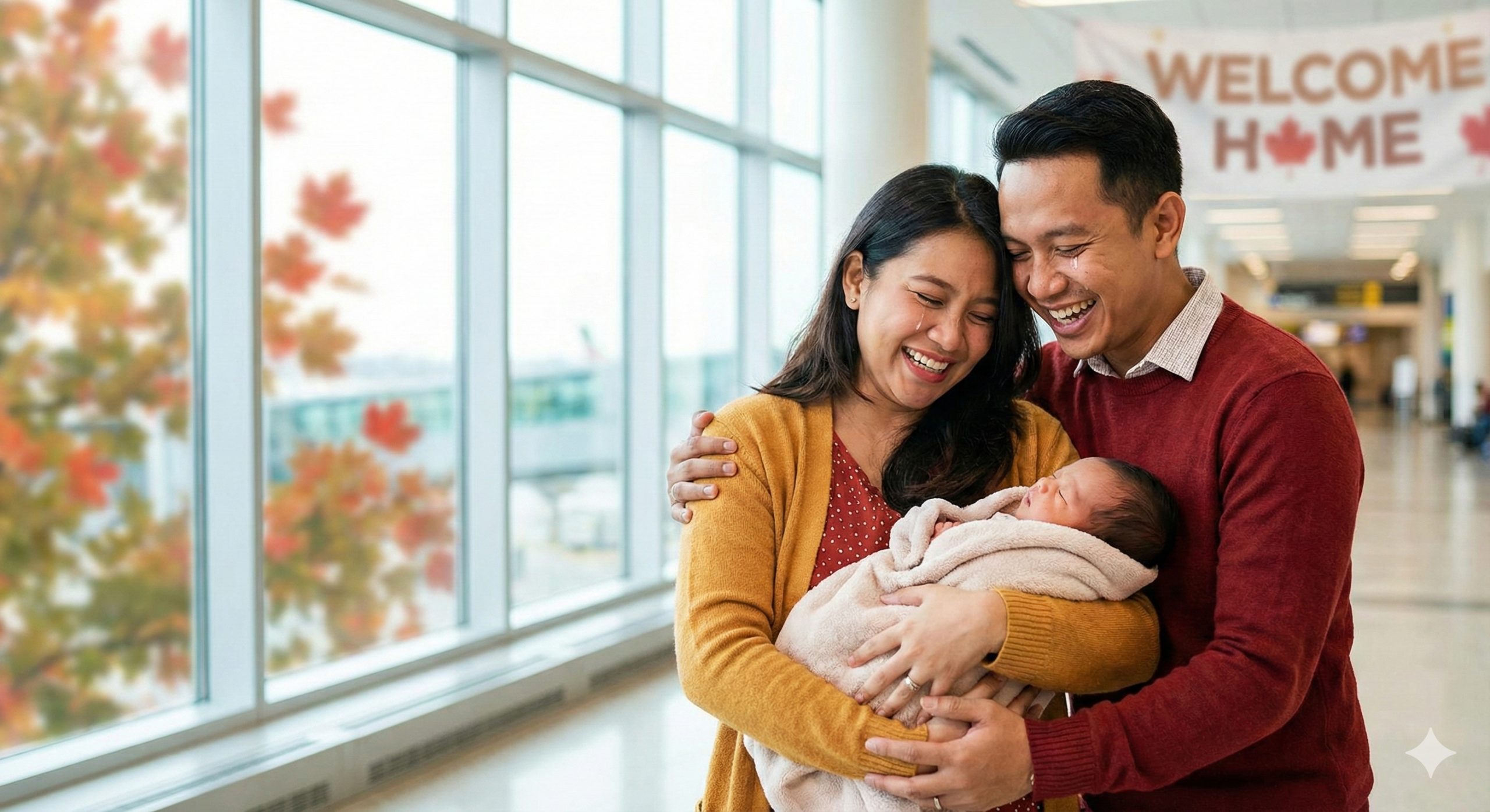 一张充满喜悦的总结性图片,展示成功的代孕旅程终点。那对印度尼西亚夫妇在机场或加拿大标志性的户外公园里,幸福地怀抱着刚出生的婴儿。婴儿包裹在柔软的毯子里,父母脸上洋溢着感动的笑容。背景明亮通透,可能有模糊的加拿大枫叶元素,象征着带着宝宝回家的美好结局,色彩鲜艳、饱满,充满正能量。