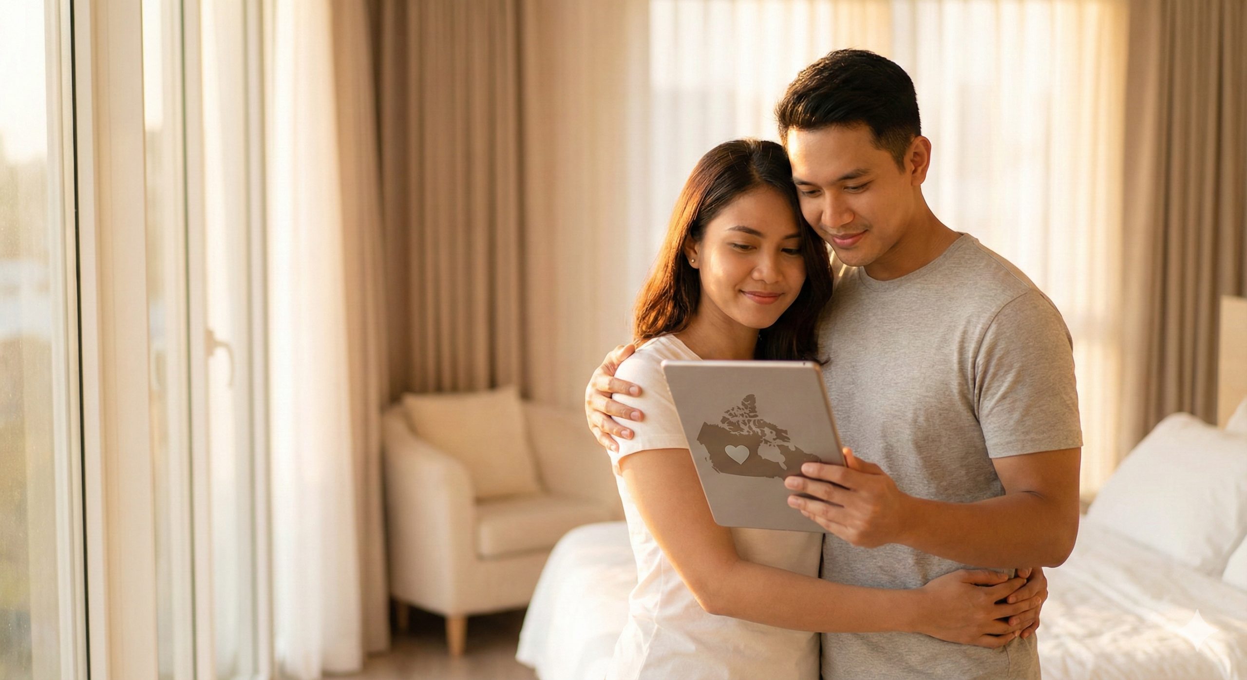 一张充满希望和温情的封面图片,展示一对年轻的印度尼西亚夫妇站在明亮的窗前,手中拿着一张加拿大地图或平板电脑查看信息。光线采用柔和的暖色调(Golden Hour),营造出梦想与期待的氛围。背景模糊处理,突出人物的情感交流,画面风格温馨、现代且具有信任感,色彩以米色、白色和柔和的阳光色为主。