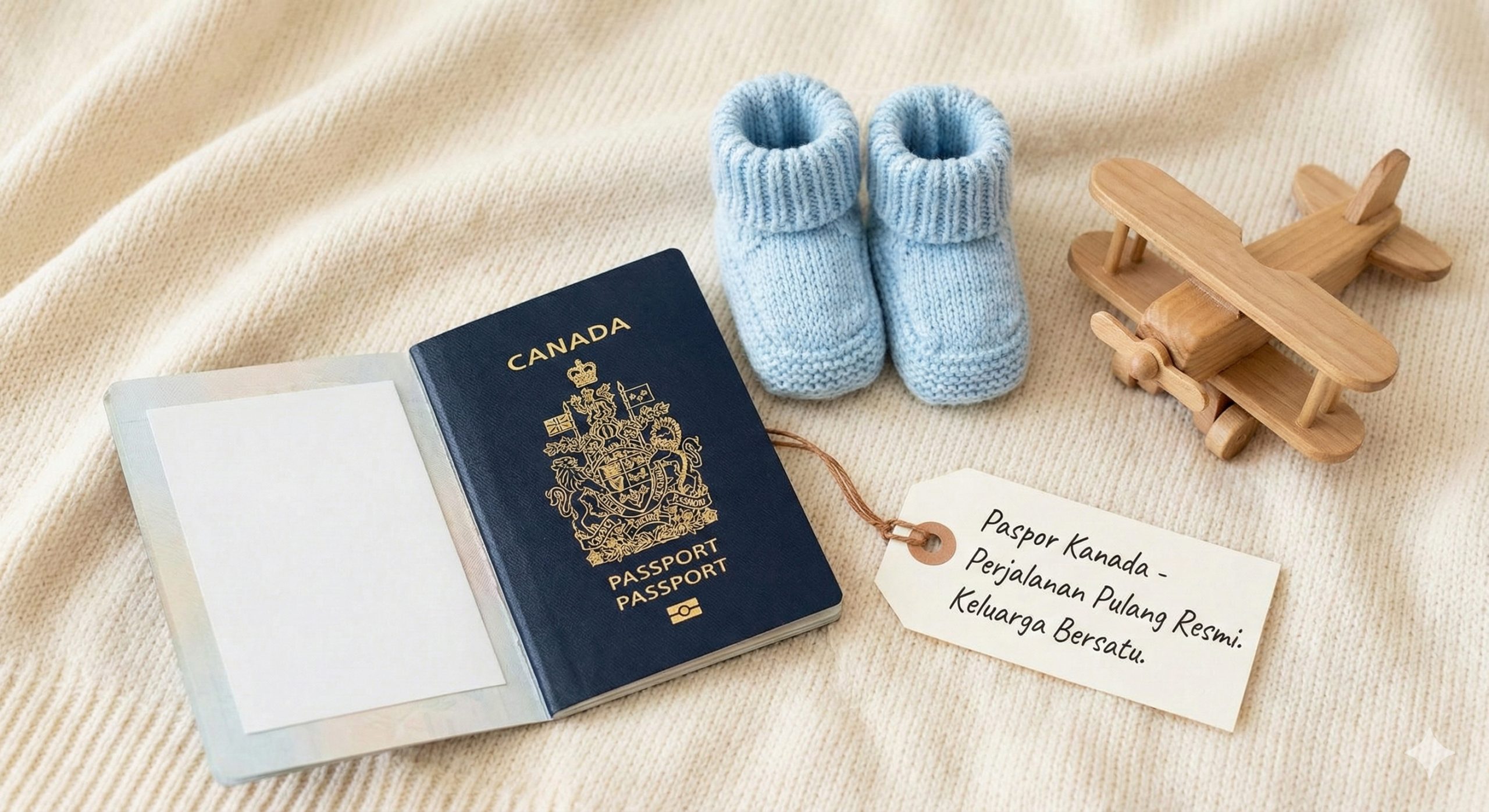 一张温馨的总结性图片,采用平铺(Flat lay)构图。画面中央是一本加拿大护照,旁边放着一双可爱的婴儿针织鞋和一架玩具小飞机,象征着宝宝获得合法身份并随父母飞回印尼。背景是柔软的白色或米色毛毯,光线纯净自然,传递出旅程圆满结束、家庭团聚的幸福感和法律上的安全保障。