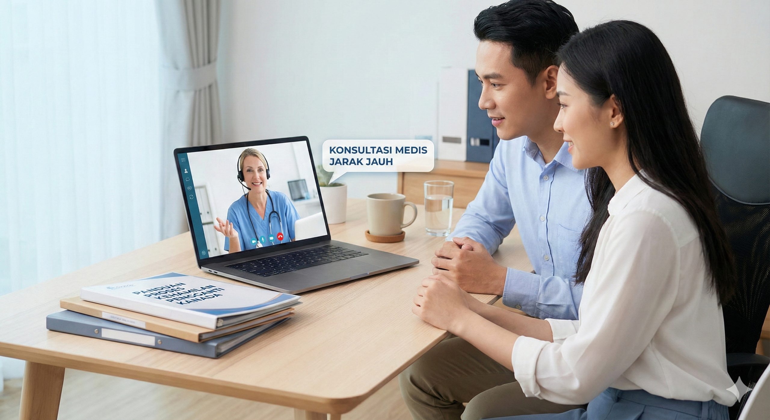 描绘医疗咨询或远程协作过程的图片。展示一对亚洲面孔的准父母正在通过笔记本电脑与加拿大的医生或个案经理进行视频通话,屏幕上显示着友好的医疗专业人员。桌面上有整齐的文件和咖啡杯,体现出跨国流程的井然有序。色调以令人安心的医疗蓝和干净的白色为主,构图平衡,传达出专业指导和全程陪伴的感觉。