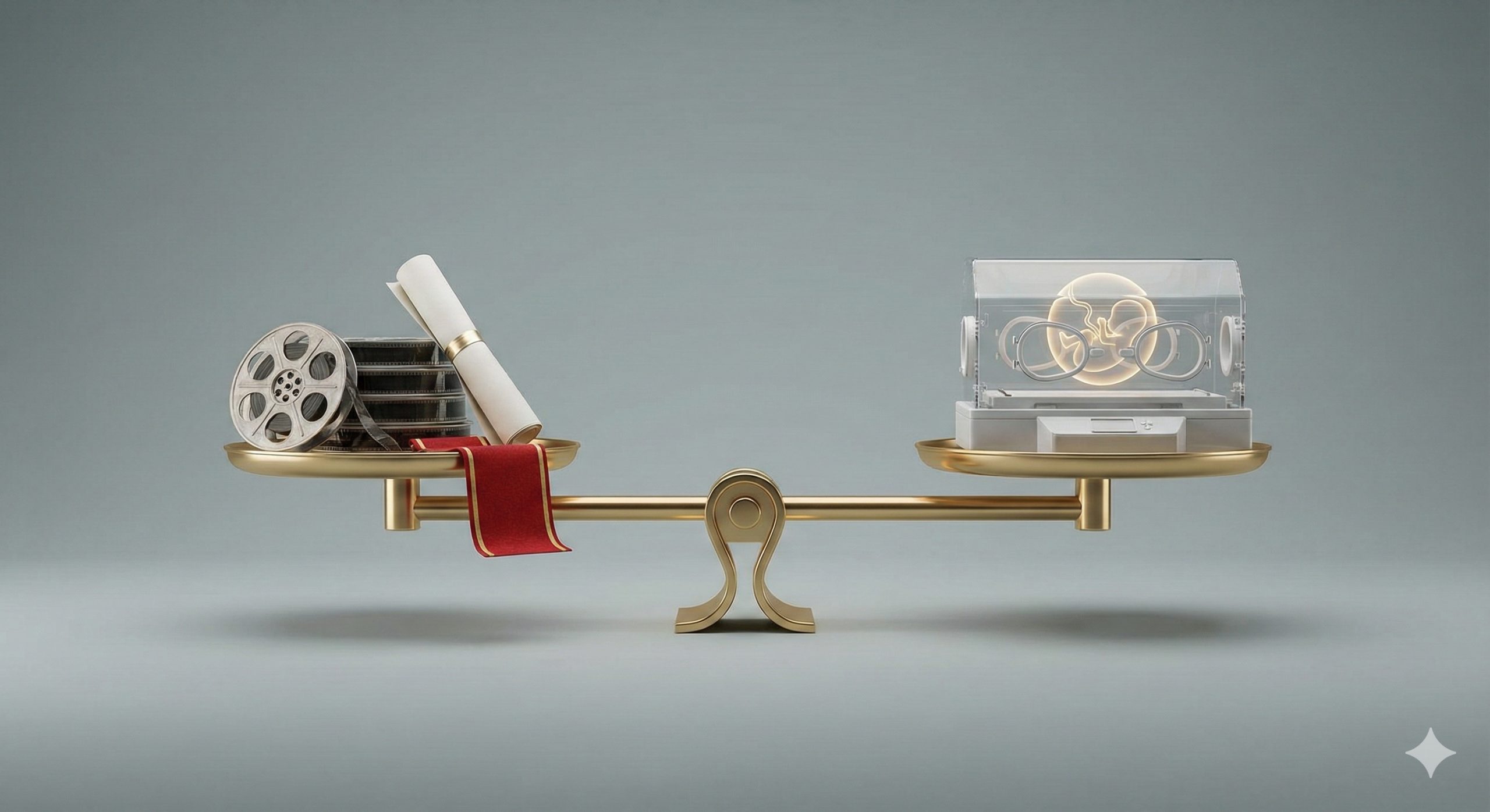 Menampilkan keseimbangan karier seni peran dan teknologi surrogacy dengan timbangan emas