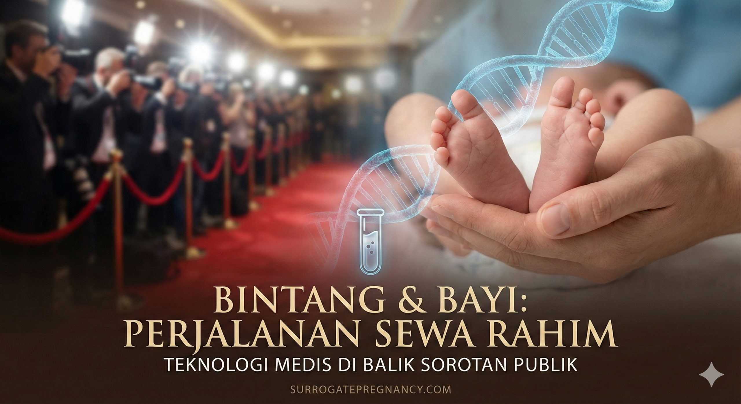 一张充满电影感的封面图,旨在吸引眼球并点题。背景是模糊处理的红毯和闪烁的镁光灯效果,象征“代孕明星”的公众形象;前景清晰聚焦在一双温柔的大手托着新生儿的小脚丫,画面中巧妙融入淡蓝色的DNA双螺旋或IVF试管的半透明水印,象征明星光鲜背后的医疗科技支持。色调采用温暖的香槟金与专业的医疗蓝结合,传达高端、希望与严谨的医学科技感,完美契合surrogatepregnancy.com的专业形象。