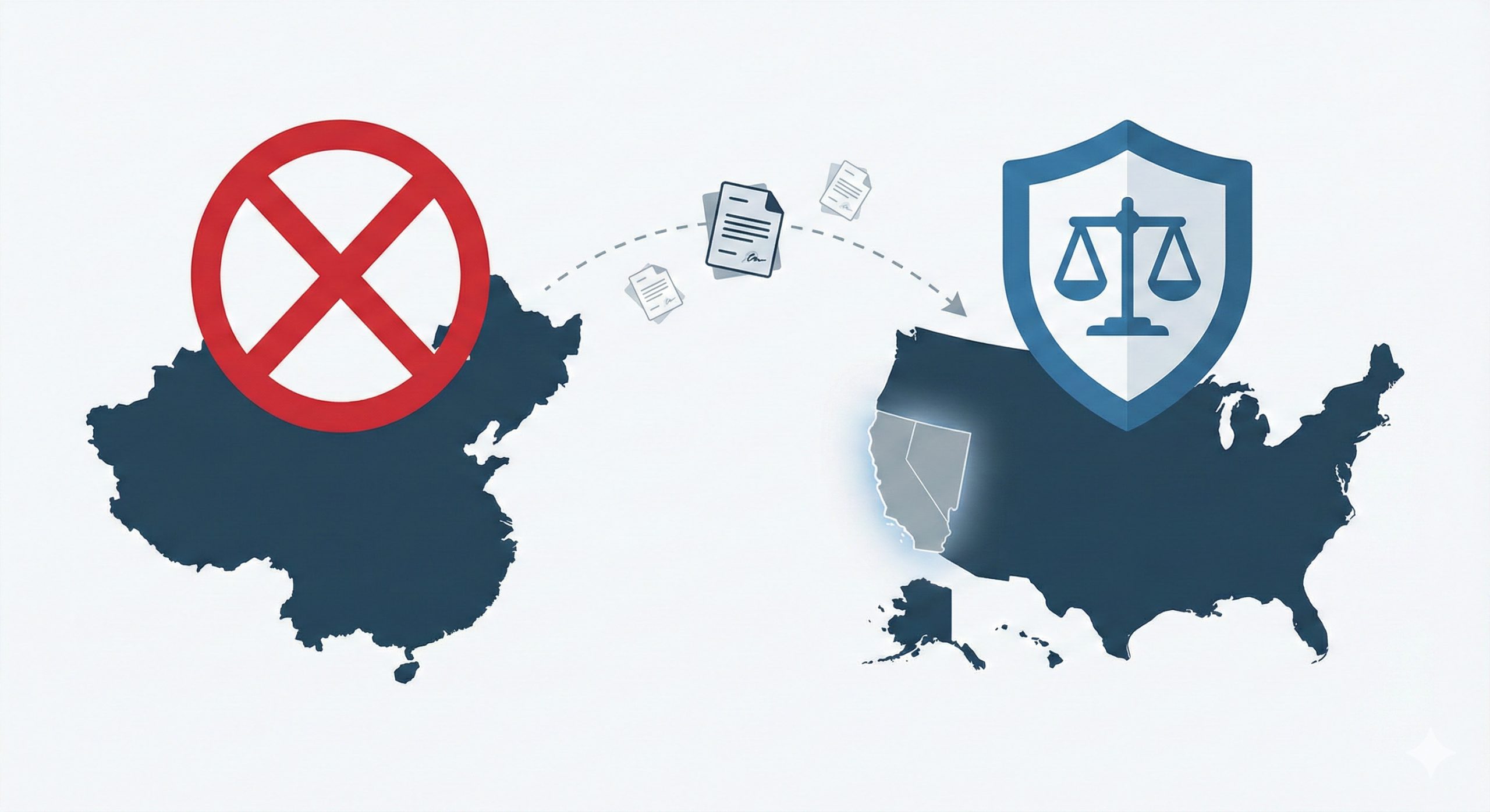 一张现代极简风格的信息图表插画，展示中国与美国地图的对比。中国地图上方悬挂着红色的'禁止'符号，美国地图（特别是加州/内华达州区域）上方则是蓝色的盾牌图标，象征法律保护。中间有一条连接两地的虚线航线，伴随着文件图标，直观展示跨国代孕的法律差异。背景为干净的灰白色，强调专业性和信息清晰度，用于解释文章中的法律背景部分。