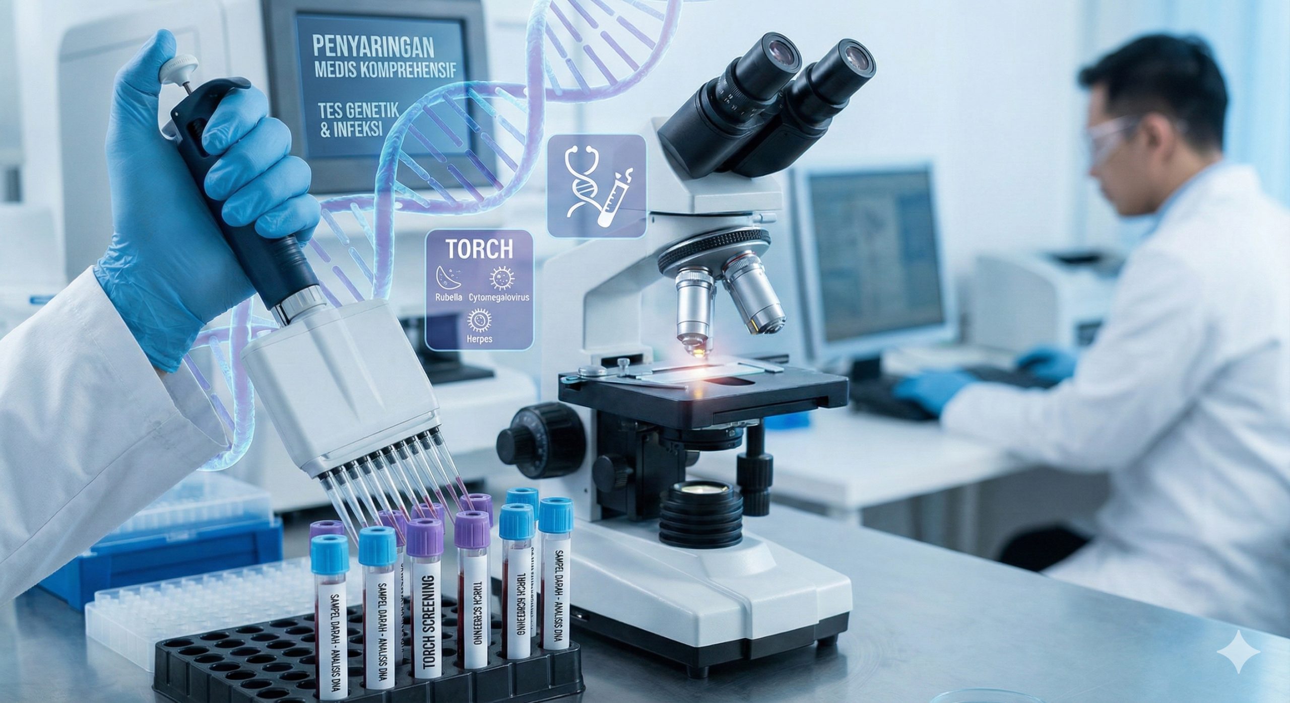 特写镜头展示高科技医疗实验室的精密检测过程。画面聚焦于显微镜下的观察或整齐排列的血液样本试管，背景虚化显示正在工作的实验人员。通过微距视角展现医学检测的深度（The Medical Deep Dive），视觉元素包含DNA螺旋或代表TORCH筛查的医疗图标，风格严谨、科学，色彩冷峻清晰，强调对传染病和基因的严格把控。