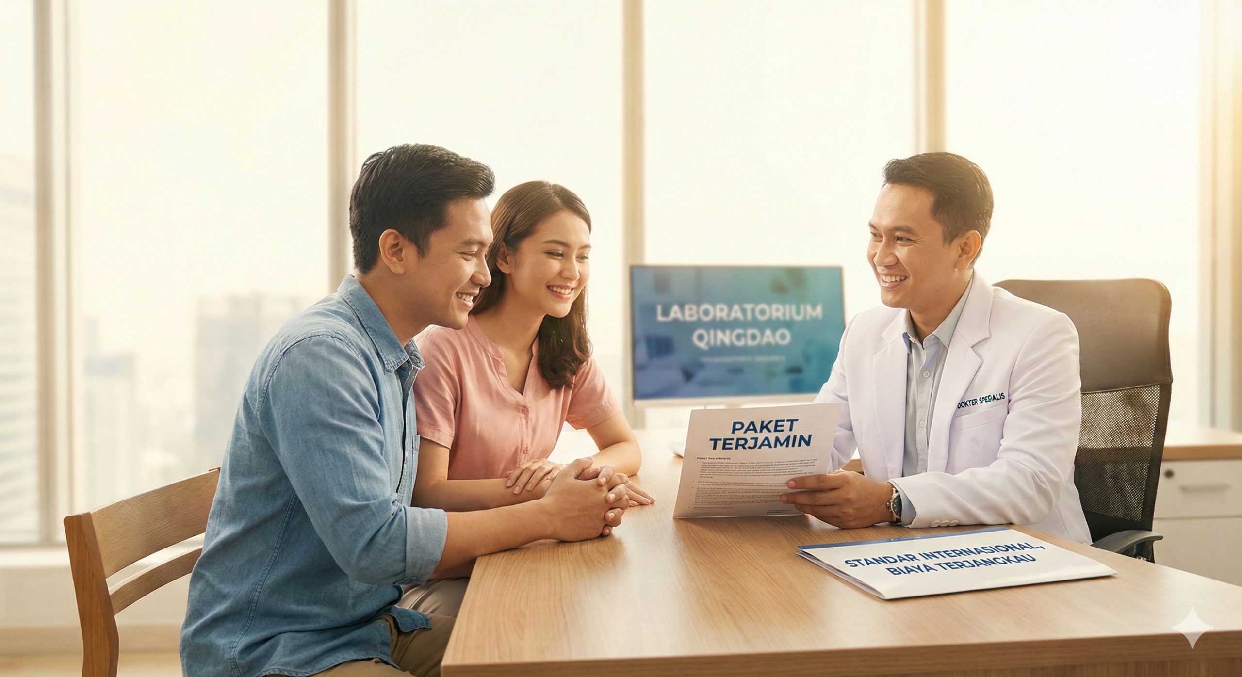 A visual representation of the advantage: 'International Standard, Affordable Cost'. A friendly, professional doctor in a white coat is consulting with a smiling couple (Intended Parents) in a sunlit, modern office. On the table, a 'Guaranteed Package' document is visible. The image conveys transparency and trust. The lighting is warm and welcoming, contrasting with the cool tones of the lab, to emphasize the human service aspect. The composition is balanced and reassuring, highlighting the high value of the service.