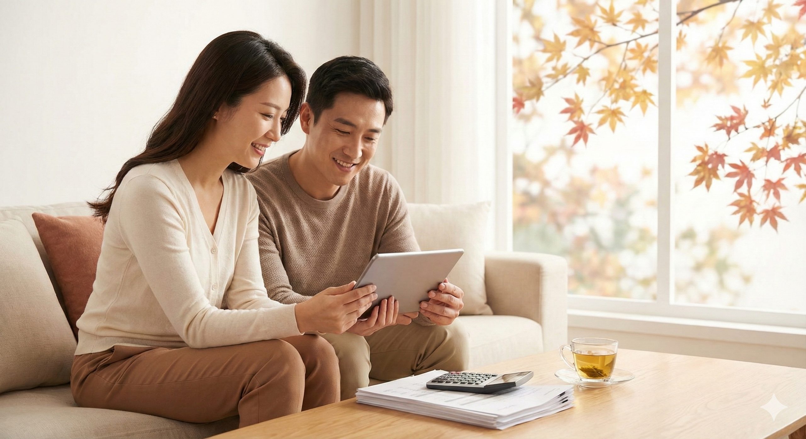 一张充满希望和温暖的封面图片,展示一对亚洲面孔的夫妇(代表印尼预期父母)坐在现代化的客厅里,桌上放着财务规划文件和一杯热茶。背景中隐约可见窗外的枫叶景色,象征加拿大环境。光线柔和明亮,营造出安全、信任和家庭梦想即将实现的氛围。图片风格高端、专业,色彩以暖色调为主,搭配surrogatepregnancy.com品牌色调。