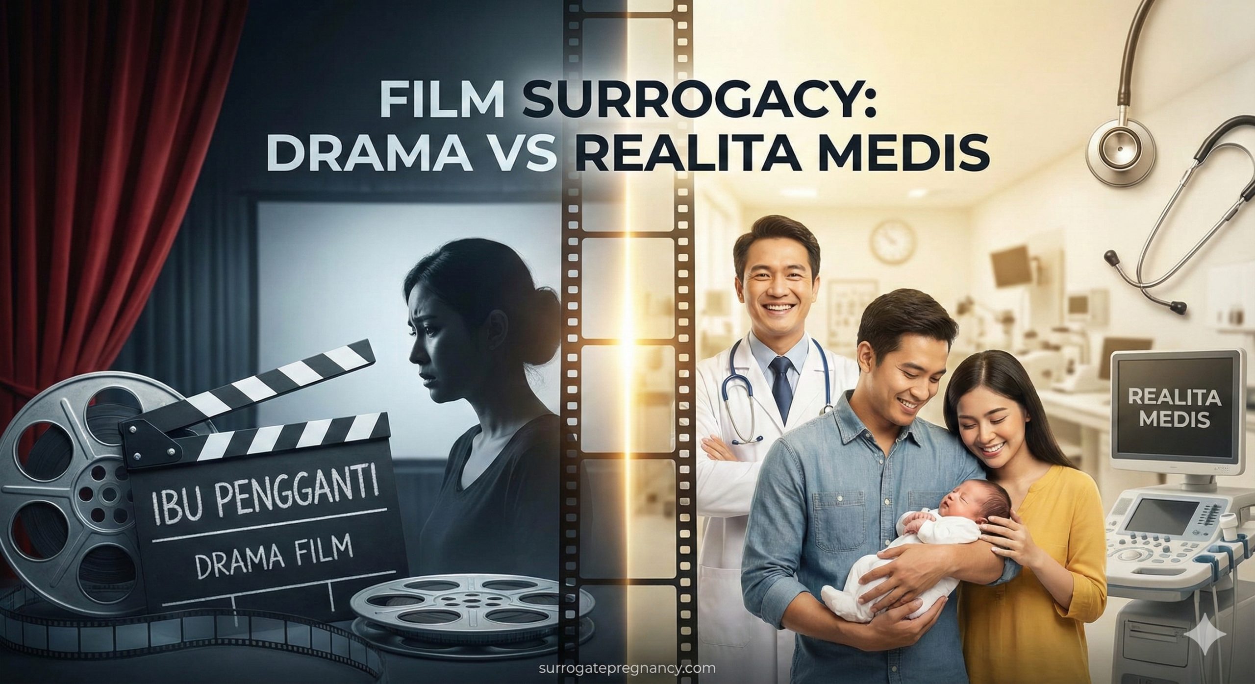 一张极具视觉冲击力的封面设计，采用左右分割的对比构图。左侧色调偏冷暗，展示胶片、场记板和电影院红幕布，代表'电影戏剧'（Film Drama），画面中隐约可见一个焦虑的女性剪影；右侧色调温暖明亮，展示真实的医疗环境、听诊器以及一个幸福家庭抱着新生儿的温馨场景，代表'医疗现实'（Medical Reality）。中间由一道发光的裂缝或胶卷条隔开，上方叠加清晰的标题文字设计，字体现代，吸引印尼观众点击。