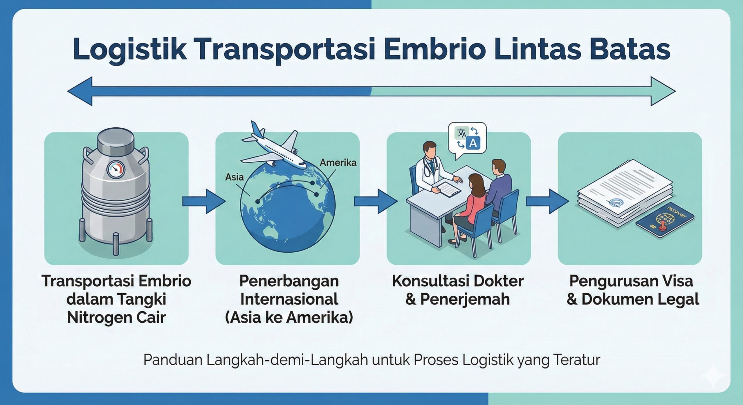 一张清晰的扁平化风格或等距矢量插图，解释跨国代孕的物流步骤。画面包含几个关键元素：一个专业的液氮冷冻胚胎运输罐、一架连接亚洲与美洲的风格化飞机、以及带有翻译图标的医生咨询场景。色彩使用专业的医疗蓝和淡青色，布局呈现流程图的形式，直观地展示从胚胎转运、语言沟通到签证办理的流程，让复杂的后勤工作看起来井井有条。
