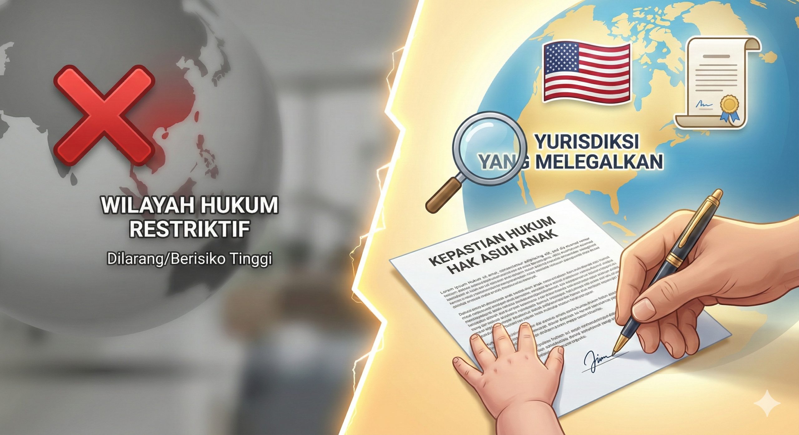 图片突出'Surogasi Luar Negeri vs Domestik'的法律优势。画面主体是一个象征国界的分割线或地球仪，一边是模糊且略显灰暗的“禁止/高风险”区域（象征限制性国家，如Tiongkok），另一边是明亮、清晰的区域，上面有美国国旗或代表法律文件的图标（象征'Yurisdiksi yang Melegalkan'）。一个成人手和婴儿手正在明亮区域的法律文件上签署，象征'kepastian hukum atas hak asuh anak'。色彩对比鲜明，强调合法性带来的安全和确定性。