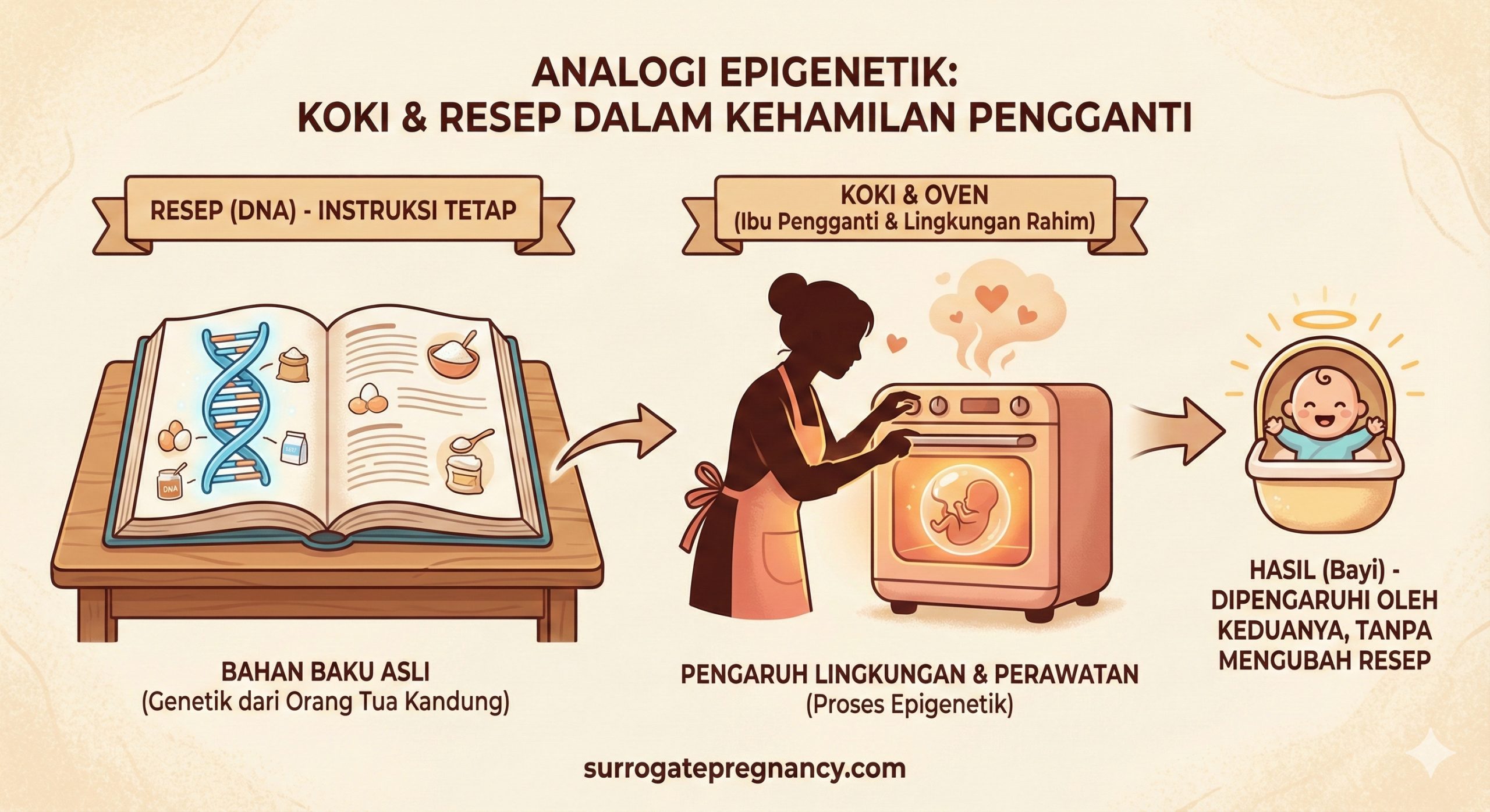 A creative infographic-style illustration depicting the 'Chef and Recipe' analogy for epigenetics. On the left, an open cookbook is shown with a DNA strand on the page (The Recipe). On the right, a silhouette of a nurturing figure or 'chef' is shown carefully tending to a warm, glowing oven (The Womb). The image visually explains how the surrogate (environment) affects the outcome without changing the ingredients (DNA). Colors should be educational and easy to understand.