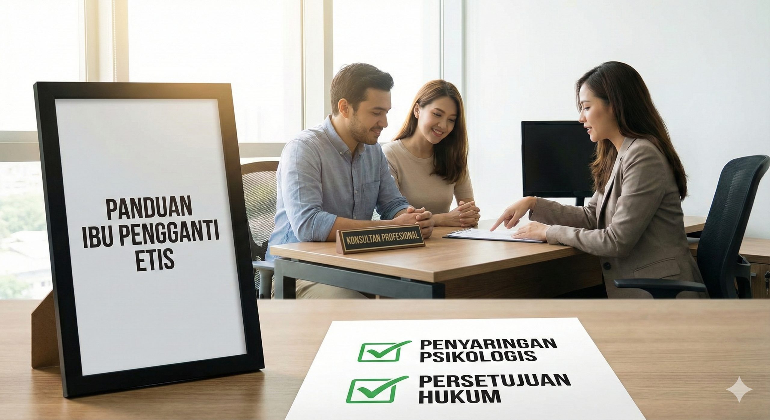 展示专业咨询场景的实拍风格图片。在一间明亮、整洁的办公室内，一对伴侣正专注地听取一位专业顾问（律师或医生）的建议。桌面上特写展示了一份清单，上面清晰可见'Psychological Screening'（心理筛查）和'Legal Consent'（法律同意）的字样，并打上了绿色的勾。光线自然柔和，营造出透明、信任和准备充分的氛围，用于说明如何进行合乎伦理的代孕流程。