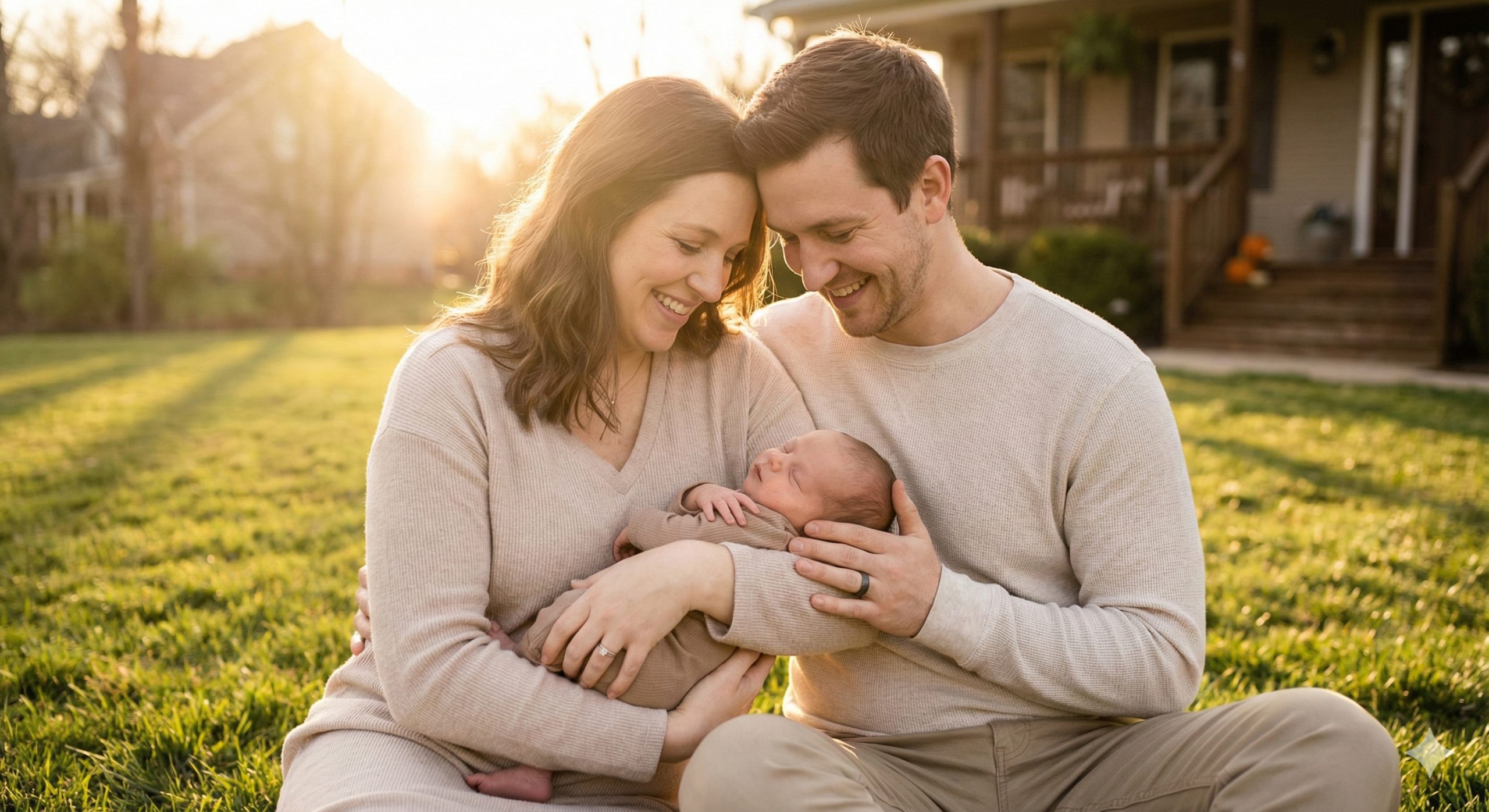 充满温情与希望的总结性图片。画面展示一对幸福的父母抱着新生儿在阳光明媚的户外草坪或温馨的居家环境中，笑容灿烂。光线柔和温暖，采用逆光拍摄手法，营造梦幻般的幸福感。画面传达出“无论外界纷扰，家庭幸福才是最终归宿”的主题，呼应文章结尾，鼓励用户做出正确的家庭决策。