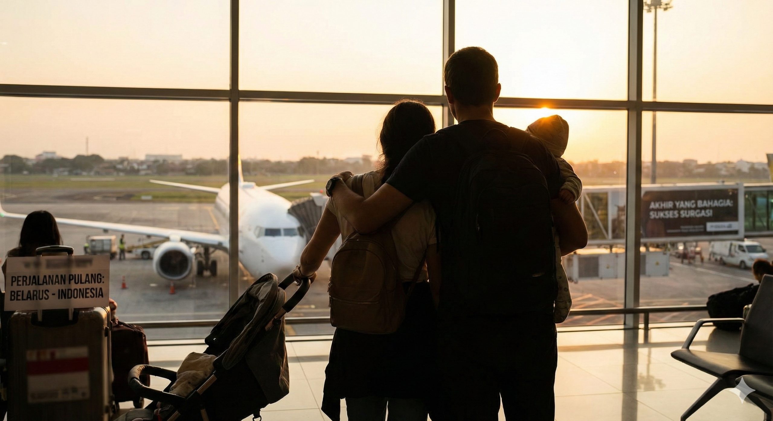 Keluarga bahagia di bandara dengan bayi, siap pulang ke Indonesia dengan sukses