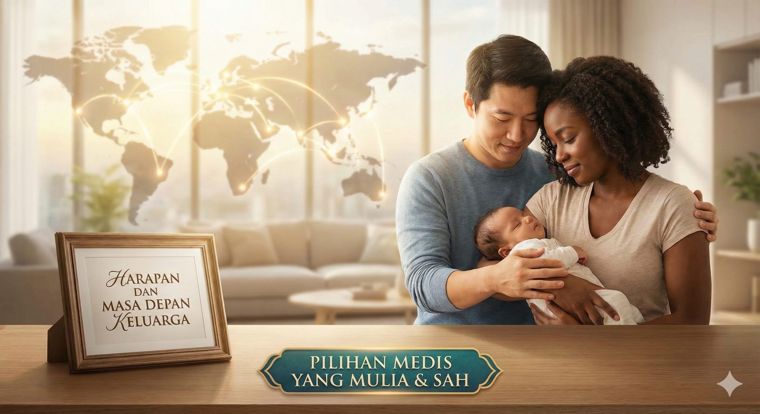 图片主题是“实现家庭梦想和希望”。画面应描绘一个温馨、现代化的家庭场景：一对不同种族的父母（象征'于文红 混血儿'和国际化）正温暖地抱着一个健康的婴儿。背景可以加入一些抽象的全球地图元素，象征'surrogatepregnancy.com'的国际网络。光线柔和，色彩明亮温暖，传达出文章的最终结论：代孕是高尚、合法的医疗选择，带来家庭的幸福。风格应该是高端、感性的摄影插画。