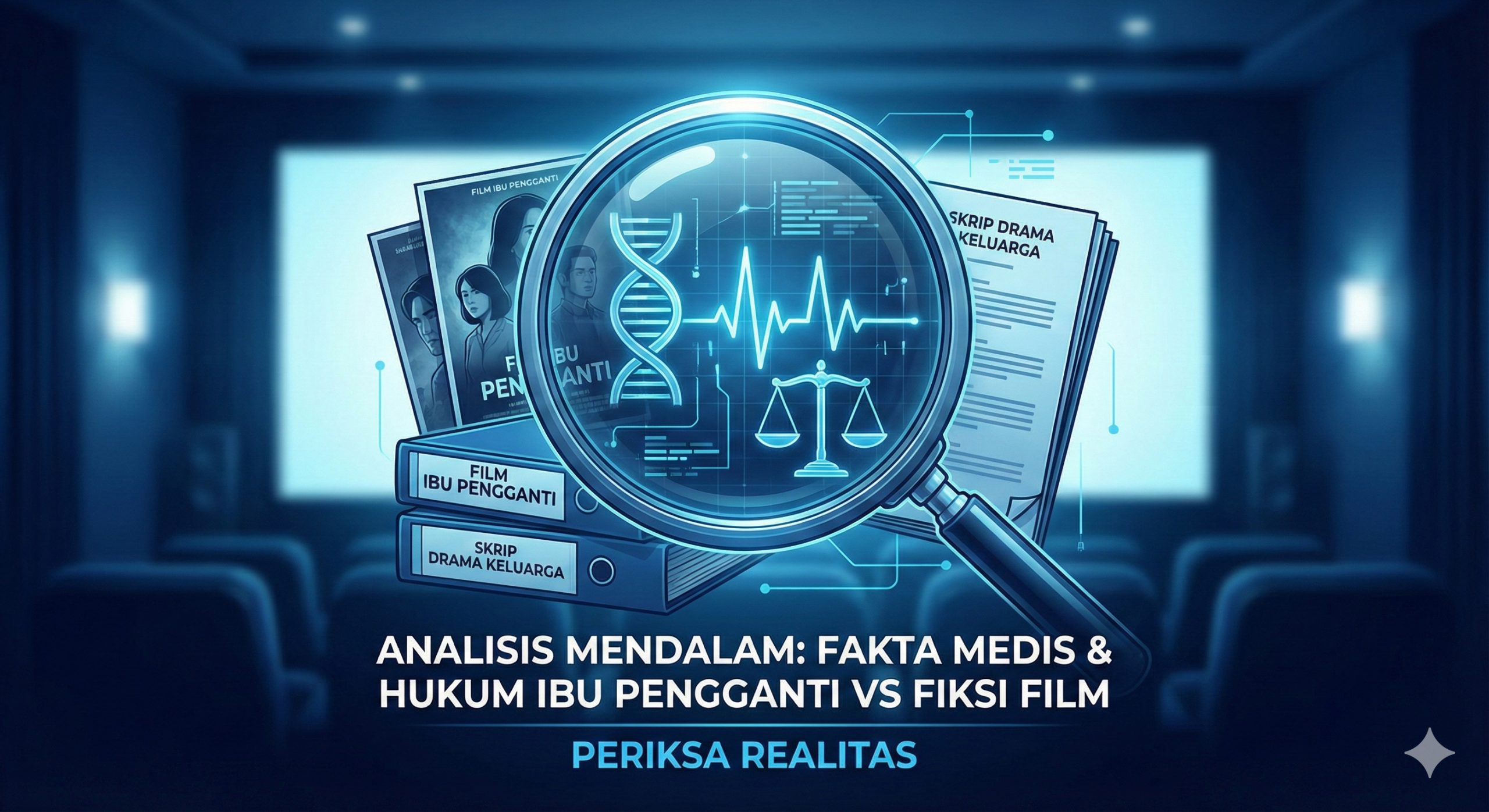 一张展示'深度解析'功能的插图。画面中心放置一个巨大的放大镜，正对准一叠电影海报或剧本（暗示文中提到的Mimi、The Surrogate等电影）。透过放大镜，原本夸张的电影情节变成了科学的医疗图标（如DNA螺旋、心电图、法律天平），象征透过现象看本质。背景是模糊的家庭影院氛围，深蓝色调为主，辅以科技感的亮蓝色线条，突出专业性和分析深度，引导读者关注文章中的'Reality Check'部分。