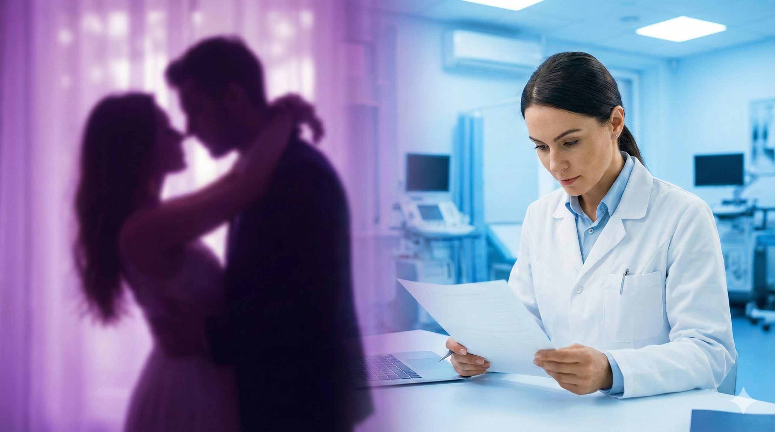 一张具有视觉对比效果的概念图片，画面被巧妙地分为两部分，展示小说虚构与医疗现实的区别。左侧呈现梦幻般的模糊背景，描绘了一对处于戏剧性光影中的浪漫情侣剪影；右侧则是清晰、明亮的现代化医疗诊室场景，一位身穿白大褂的医生正在专注查看文件。色彩从左侧的紫罗兰色过渡到右侧的专业医疗蓝，直观传达出文章中‘戏剧虚构与医学现实’的对比核心。