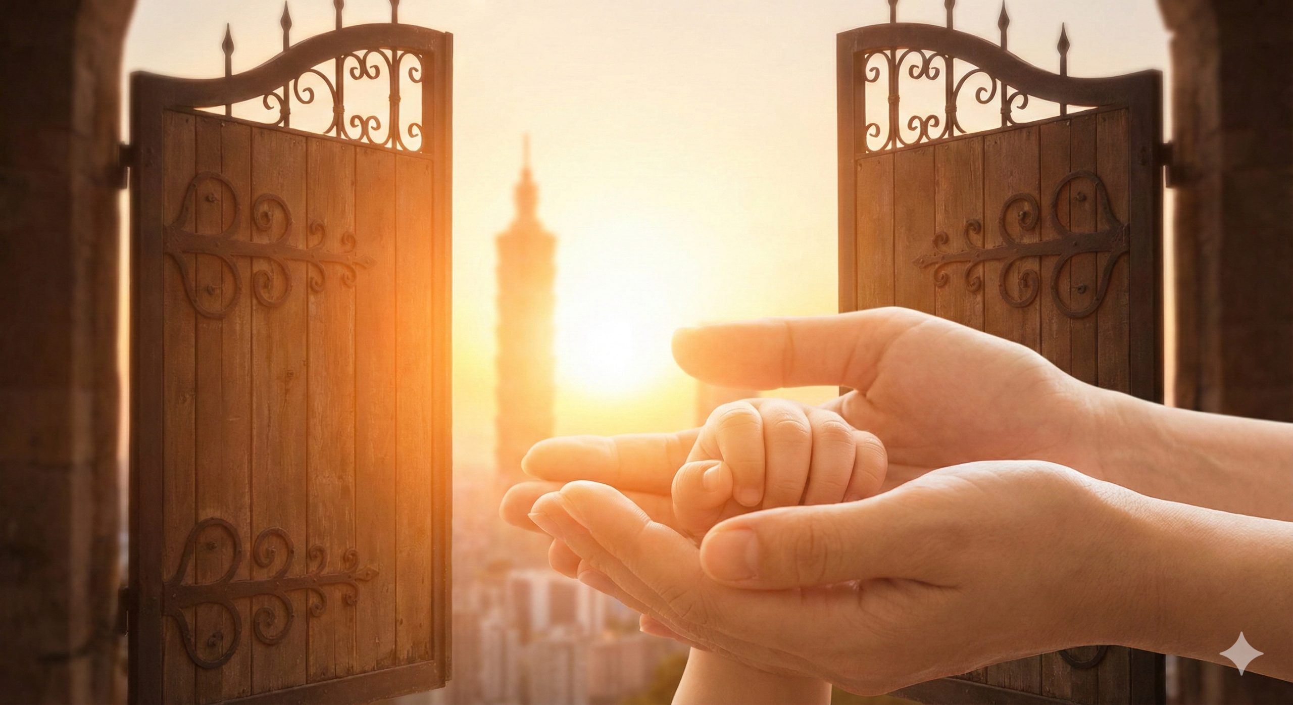 充满希望与情感共鸣的总结图片。画面描绘了一扇正在缓缓打开的大门，门外是绚丽的日出和模糊的台湾城市天际线，象征着法律即将通过的新曙光。前景可以有一双大收托举着一只婴儿的小手，光线柔和温暖，色调以橙金色为主，呼应文章结尾提到的'希望'与即将到来的'合法化时代'。