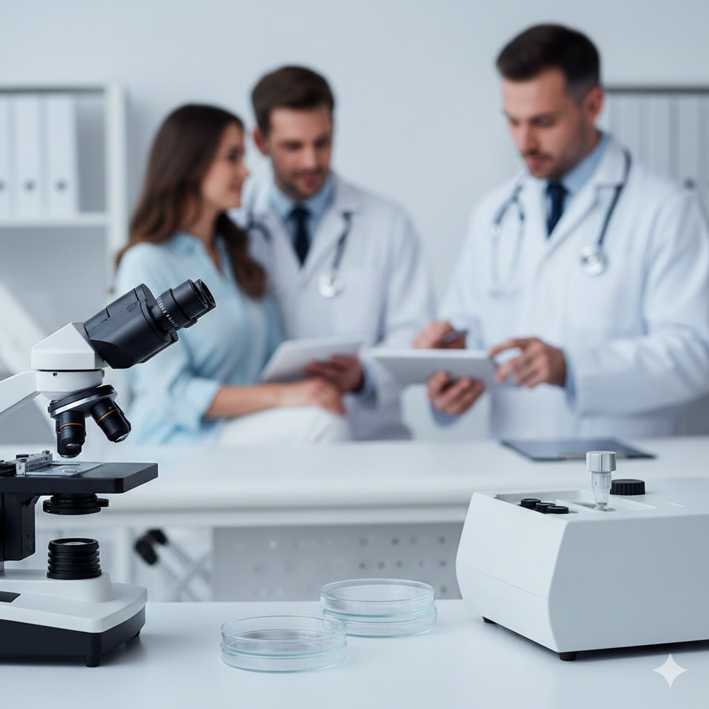 Peralatan laboratorium medis modern untuk prosedur IVF dengan latar belakang dokter menjelaskan grafik kepada pasangan, bernuansa biru dan putih yang higienis