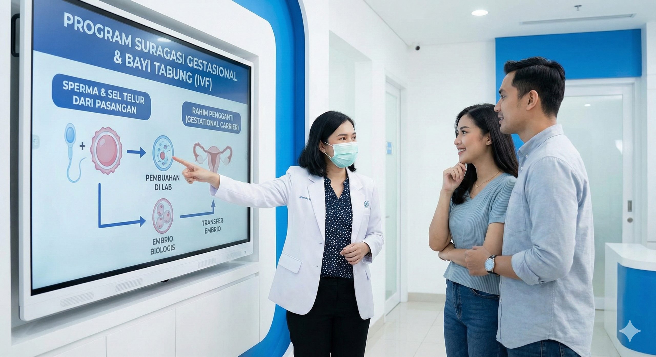 描绘现代辅助生殖诊所内的专业咨询场景。一位穿着白大褂的和蔼医生正在向一对已婚夫妇解释医学图表，图表清晰地展示了试管婴儿（IVF）和妊娠代孕的流程，重点突出精子和卵子来自夫妻双方的生物学连接概念。画面光线明亮洁净，采用医疗行业常用的蓝色和白色调，传达出科学、严谨、安全以及'Gestational Surrogacy'并非传统出租子宫的专业信息。