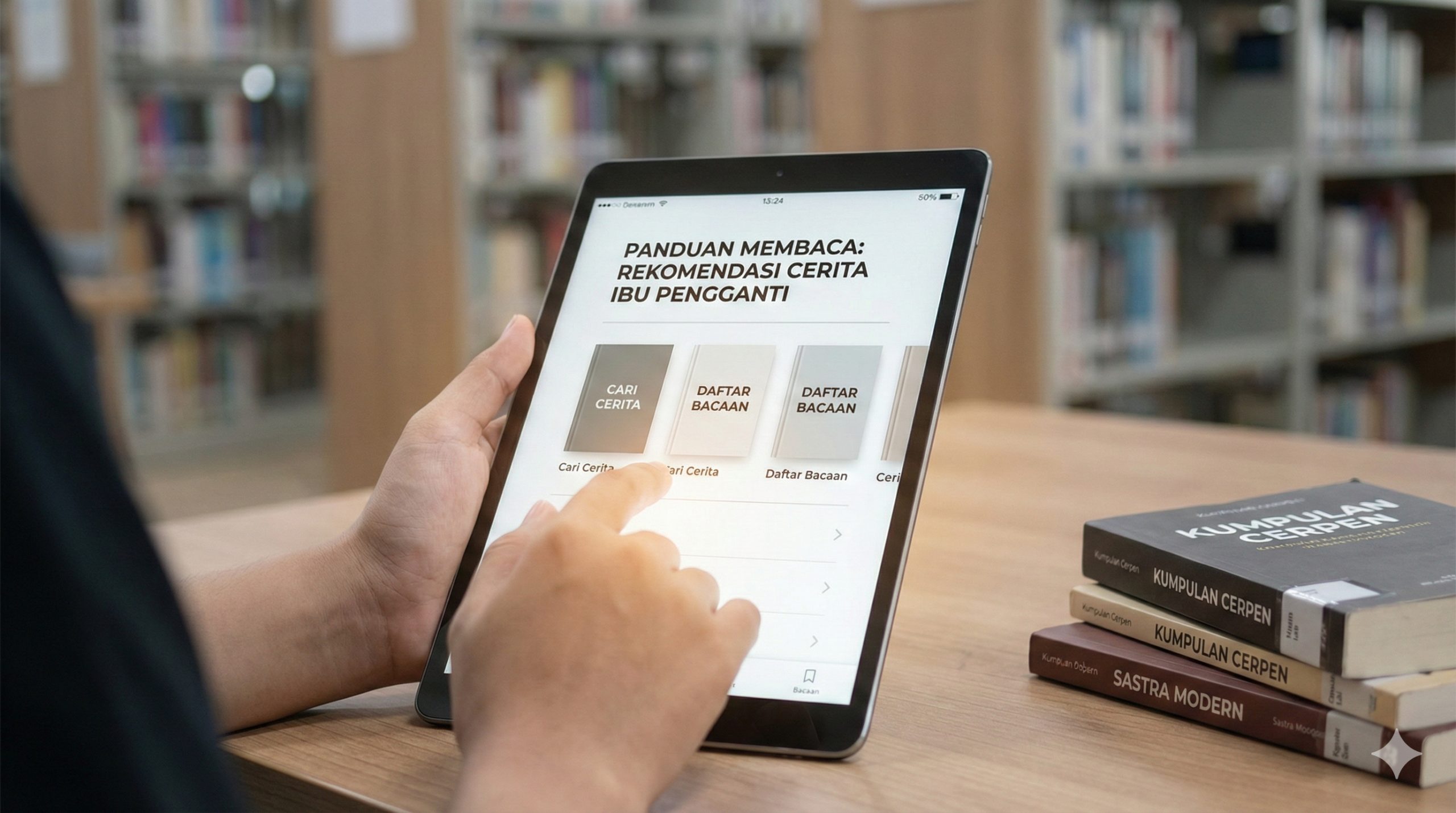 一张现代化的数字阅读场景图，展示一只手握着智能手机或平板电脑，屏幕上显示着类似电子书阅读应用的界面（无具体文字），背景是模糊的图书馆书架。画面重点在于屏幕发出的柔和光线照亮了读者的指尖，周围散落着几本纸质书籍，象征着从网络文学平台（如Wattpad）寻找代孕题材故事的过程，构图简洁现代，突出‘推荐’和‘指南’的意图。