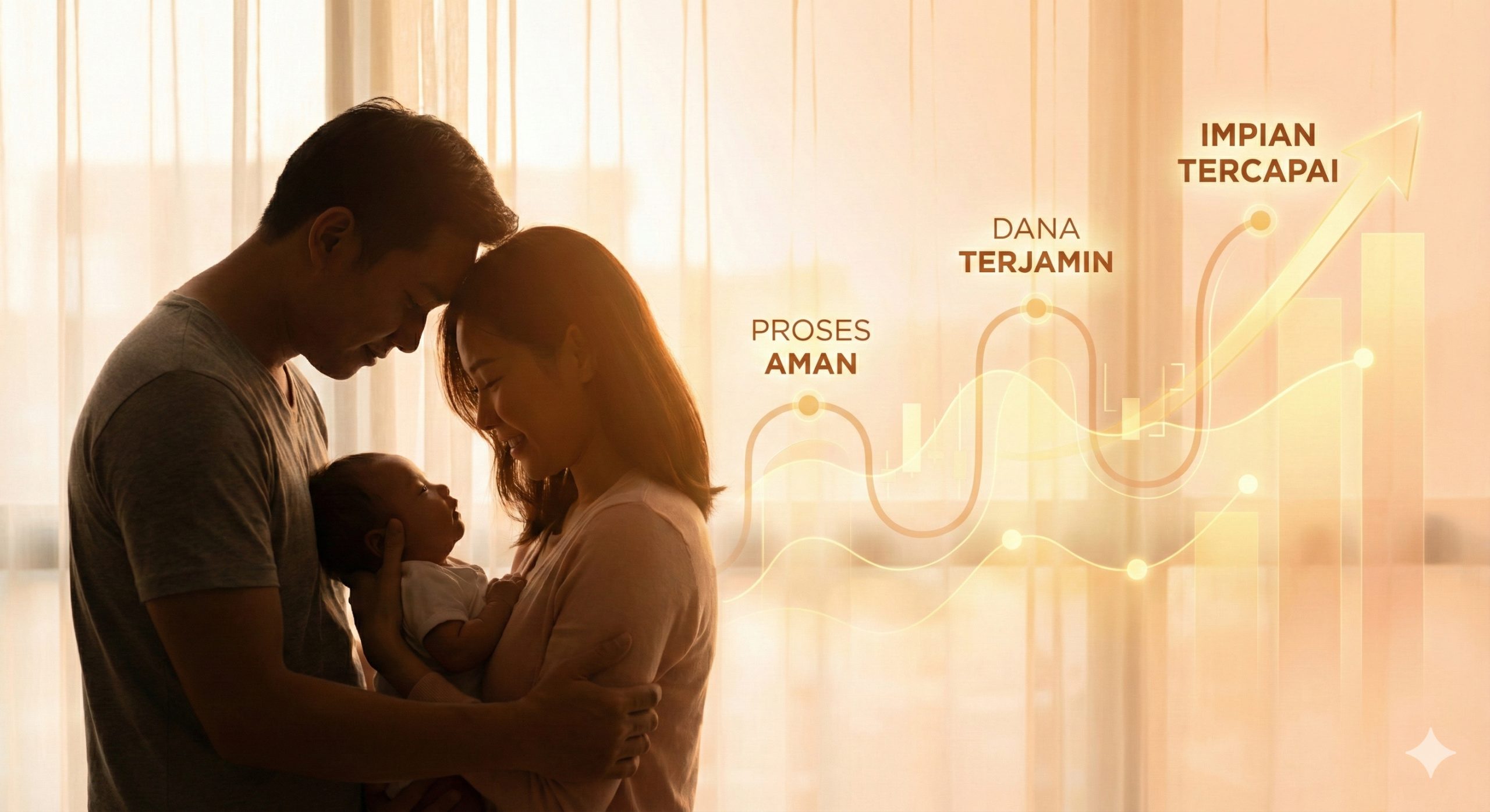 Gambar penutup yang mengaitkan keamanan finansial dengan hasil akhir yang bahagia. Tampilkan siluet pasangan (mungkin dengan sedikit sentuhan Asia/Indonesia) sedang memeluk bayi di latar depan. Latar belakangnya harus memiliki elemen visual yang halus dari grafik atau diagram alir (melambangkan proses keuangan yang lancar dan selesai). Gaya harus hangat, emosional, dan berorientasi pada hasil. Gunakan pencahayaan lembut dan warna hangat (kuning, oranye muda) untuk menciptakan suasana harapan dan kepastian. Ini adalah visual yang merangkum bahwa proses keuangan yang aman mengarah pada pemenuhan impian keluarga.