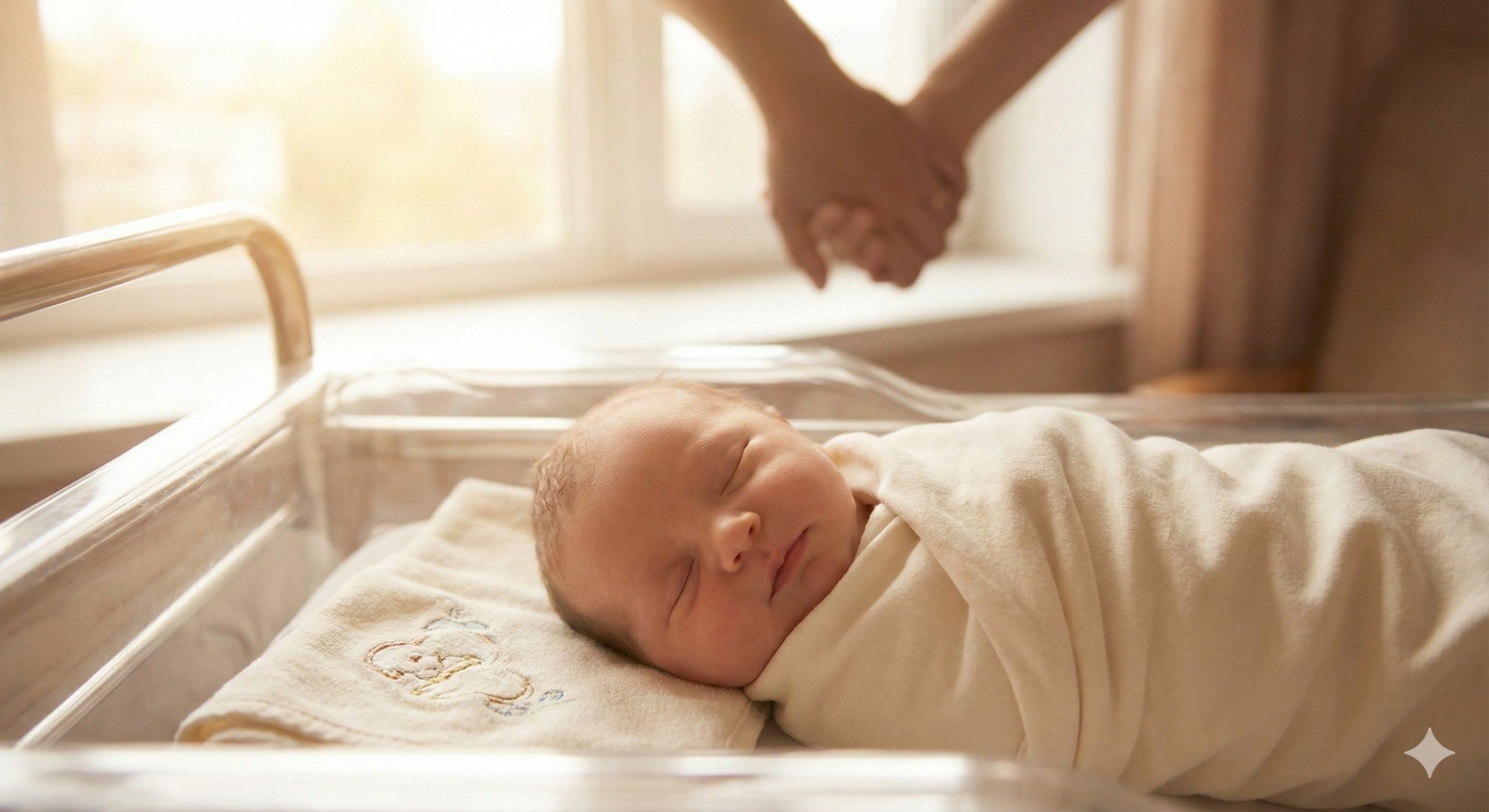 一张充满情感与希望的图片，展示筛选机制的最终成果——一个健康的婴儿。画面中是一个在医院婴儿床上安睡的新生儿，包裹着柔软的织物，早晨温暖的阳光洒在婴儿身上。背景可以隐约看到父母牵手的剪影，营造出幸福、安宁和感激的氛围。色彩温暖柔和，以此总结文章，告诉准父母严格的筛查是为了确保孩子未来的健康。