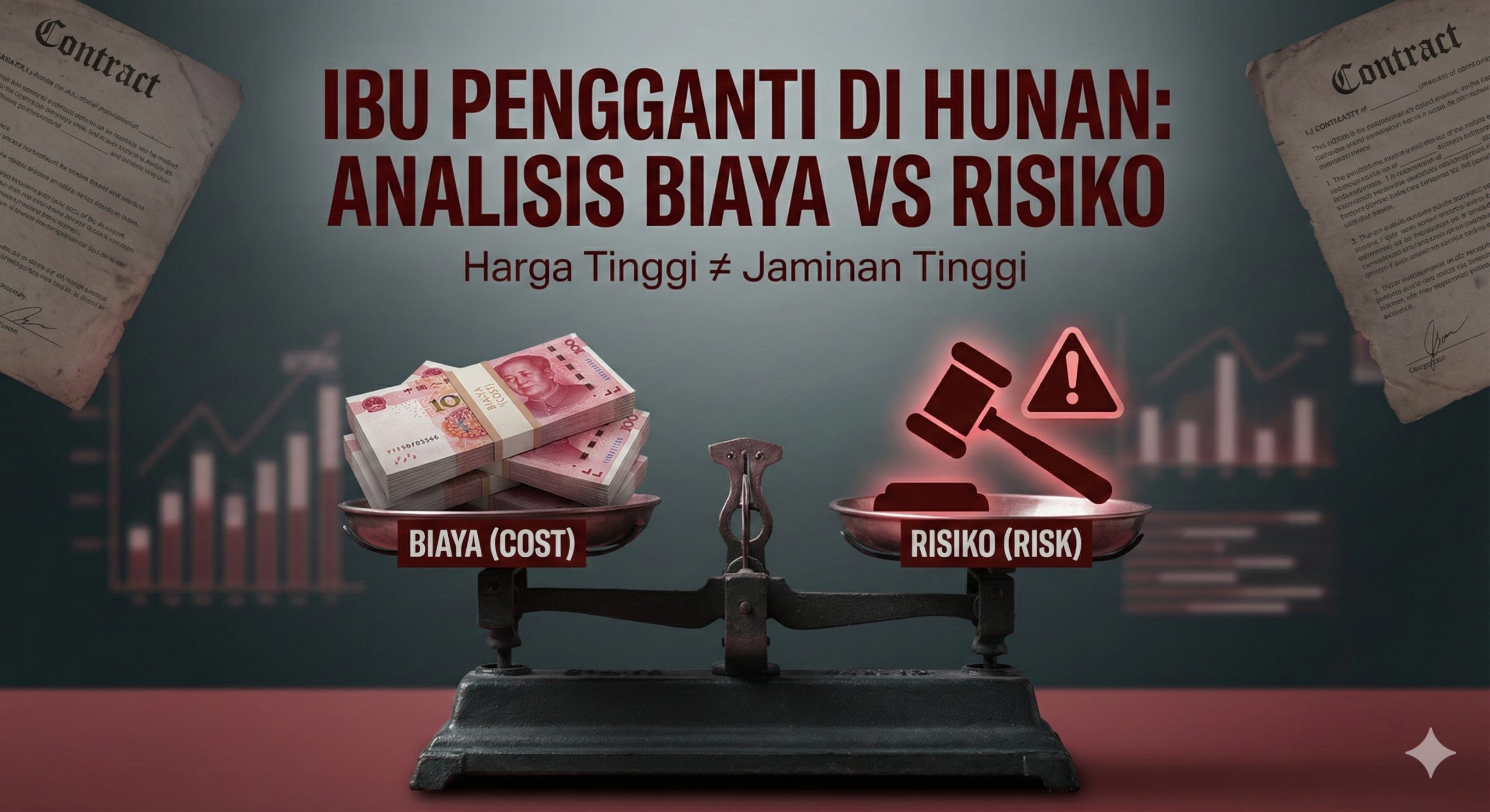 一张概念性的分析图片,用于展示代孕成本与风险的对比。画面中可以出现一个天平,一边是成堆的人民币(代表昂贵的黑市费用),另一边是一个红色的警示符号或法槌(代表法律风险)。背景可以使用数据图表或模糊的合同文书,色调偏向警示性的深灰与暗红搭配,视觉上强调'高价格不等于高保障'的潜在隐患。