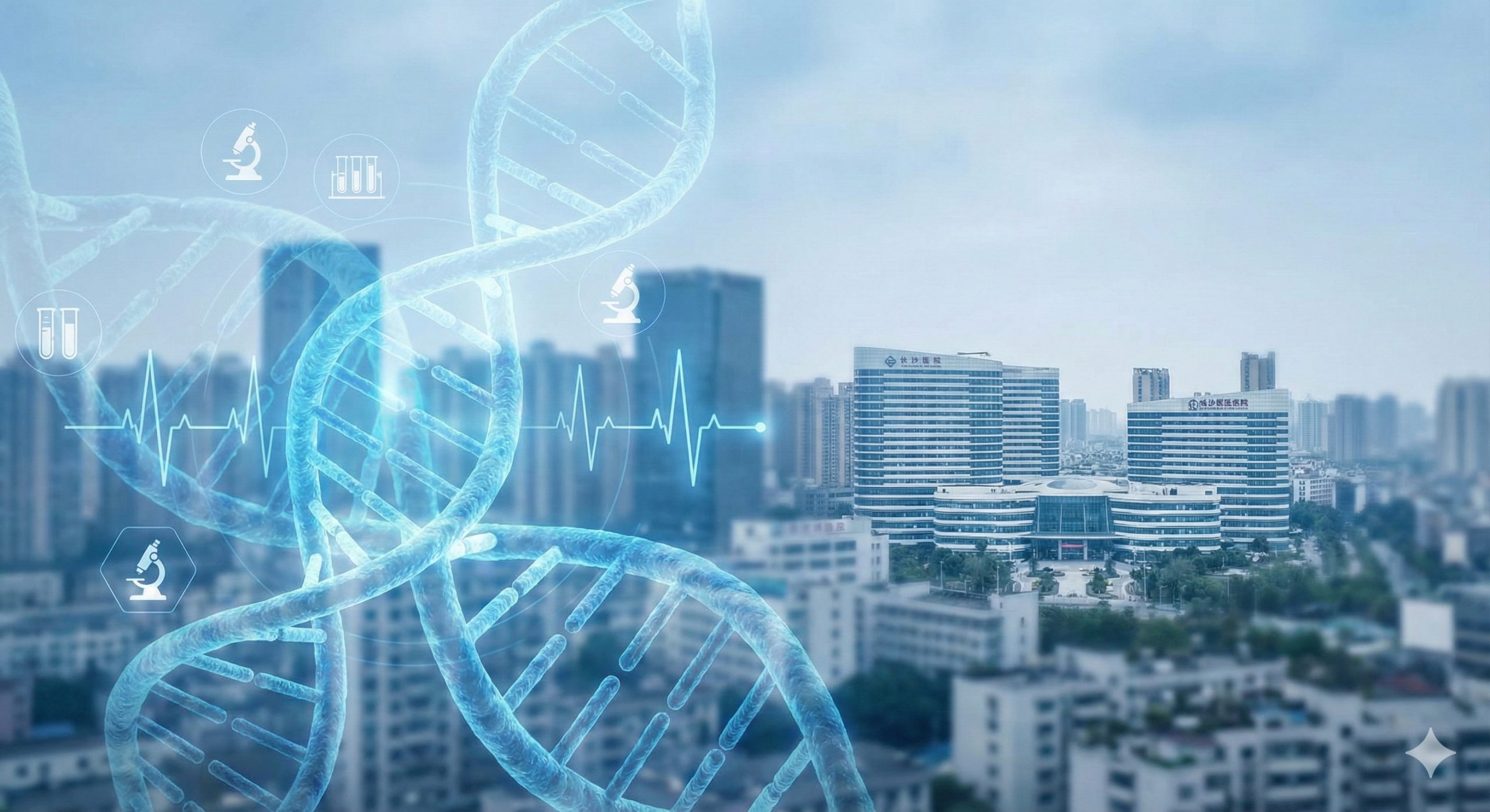 一张充满现代感与医学权威感的封面图片。背景是清晰的长沙市天际线,融合了现代化的医院建筑轮廓。前景叠加了半透明的DNA双螺旋结构和医疗科技图标,色调以专业的医疗蓝和白色为主,营造出一种严谨、高端的氛围。图片需要传达出科技与地域结合的感觉,同时也带有一种冷静的警示感,适合作为讨论医疗代孕话题的严肃封面。