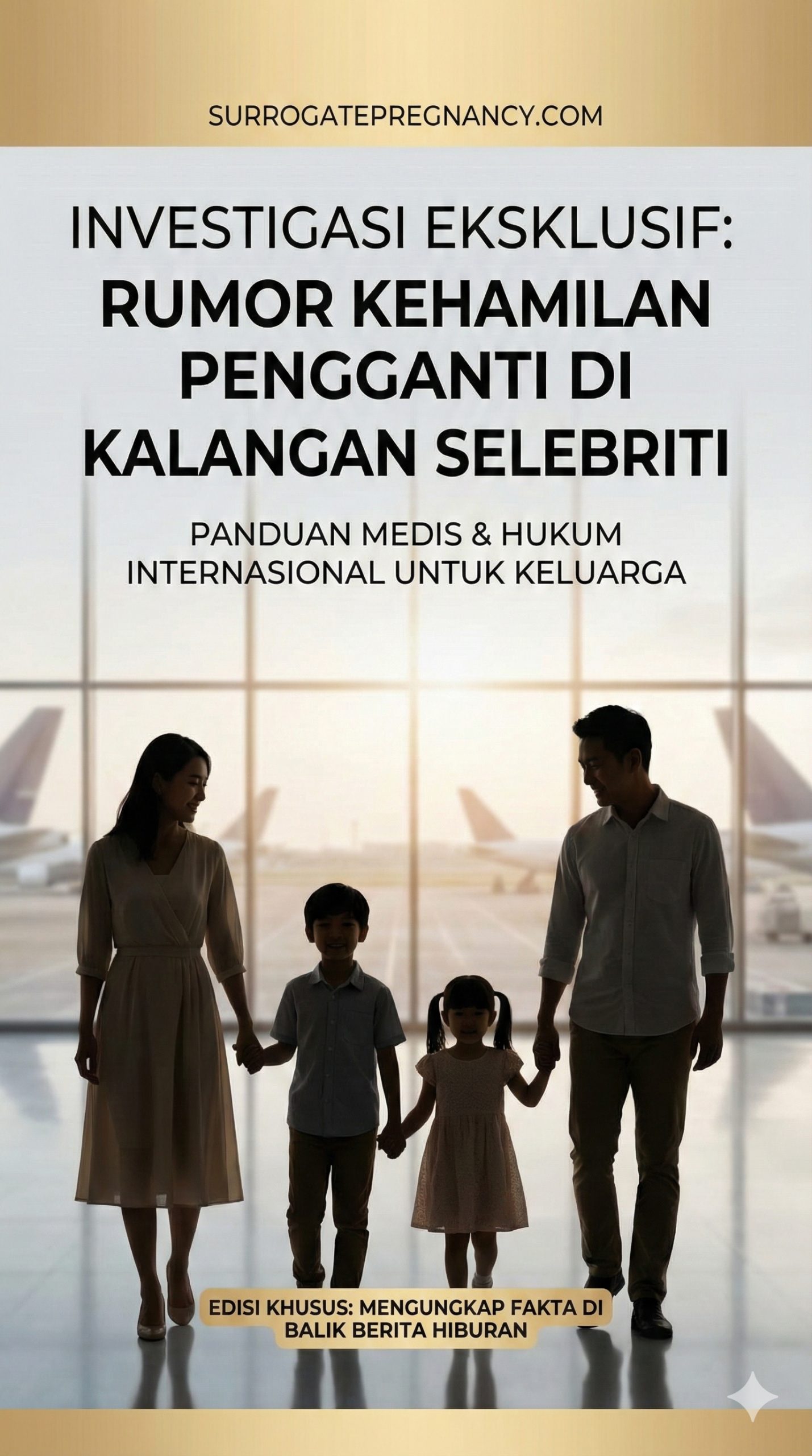 这是一张极具吸引力的高端封面图，画面展示了一个幸福的亚洲四口之家剪影（父母、大儿子和小女儿），背景巧妙融合了模糊的国际机场航站楼或现代都市景观，暗示跨国旅行与海外代孕的主题。色调采用温暖的香槟金与柔和的浅灰色，营造出家庭的温馨感与神秘感。构图中心留有足够的负空间用于放置标题，整体视觉风格既不仅要体现娱乐新闻的话题性，也要符合surrogatepregnancy.com网站的高端医疗咨询定位。