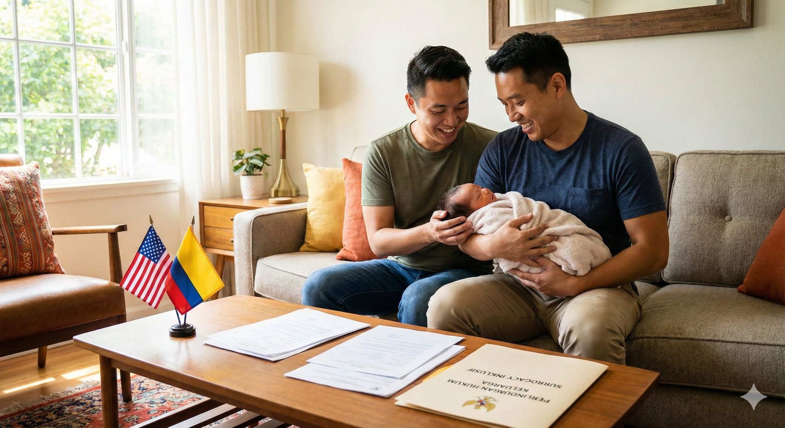 一张温馨的写实风格照片，展示海外代孕的包容性优势。画面中是一对亚洲面孔的同性伴侣（男士），在明亮的阳光下开心地抱着一个新生儿，表情充满幸福和感动。背景是温馨的室内环境，桌上摆放着象征法律文件的纸张和美国或哥伦比亚的小国旗。光线自然柔和，强调爱无国界和法律对多元家庭的保护，突显相比国内环境的巨大优势。