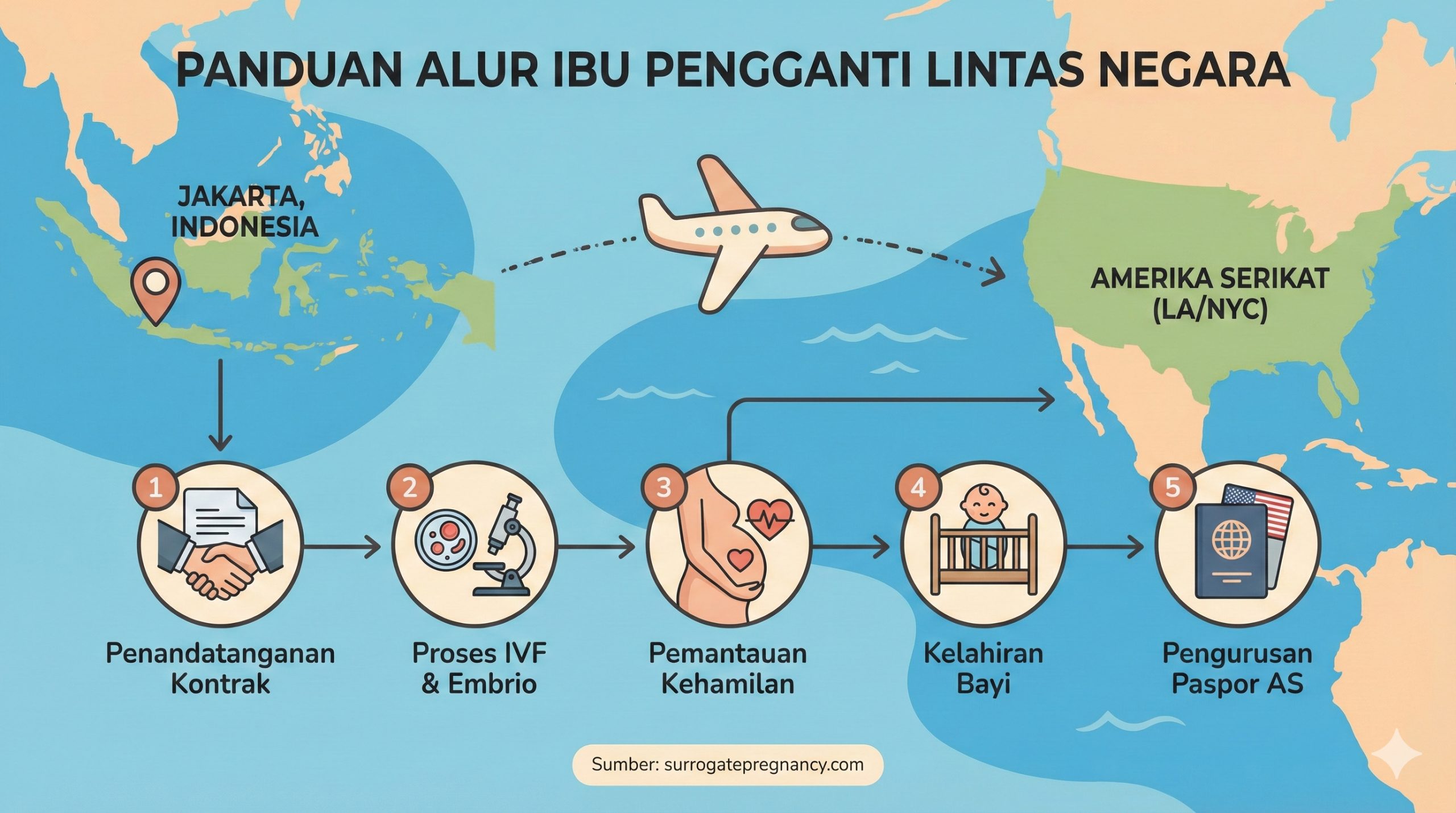 一张扁平化设计的矢量插画,展示从印尼雅加达飞往美国洛杉矶或纽约的代孕全流程路线图。画面中包含一架风格化的飞机连接两地地图轮廓。路径上清晰标记关键节点:签署合同、IVF胚胎制作、怀孕监测、婴儿出生及办理美国护照。风格简洁、教育性强,使用柔和的色调,帮助用户直观理解跨国代孕的物流步骤和时间线,消除对流程的困惑。