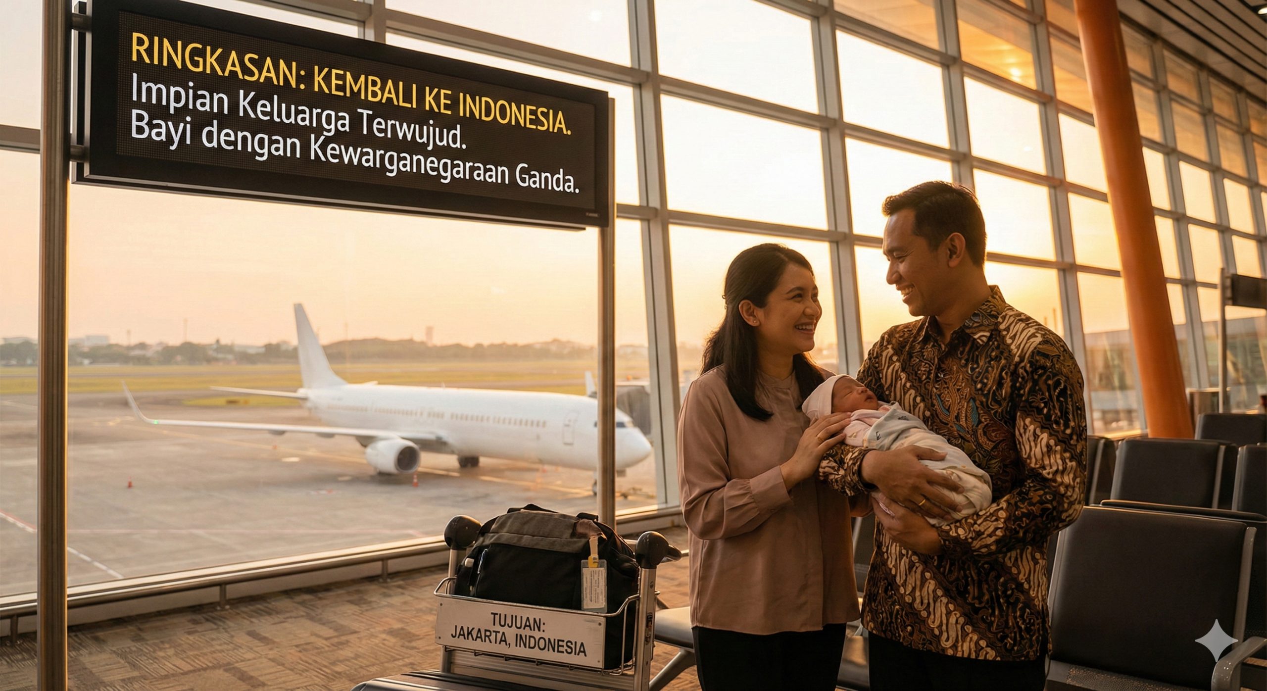 充满情感的总结图片,描绘梦想成真的时刻。画面展示一对亚洲面孔的夫妇(可以是异性或同性伴侣)在国际机场候机楼,怀里抱着刚出生的宝宝,脸上洋溢着幸福的笑容。透过落地窗可以看到夕阳下的飞机,寓意带着拥有双重国籍的宝宝安全回到印度尼西亚。光影温暖,强调家庭团聚和圆满结局。