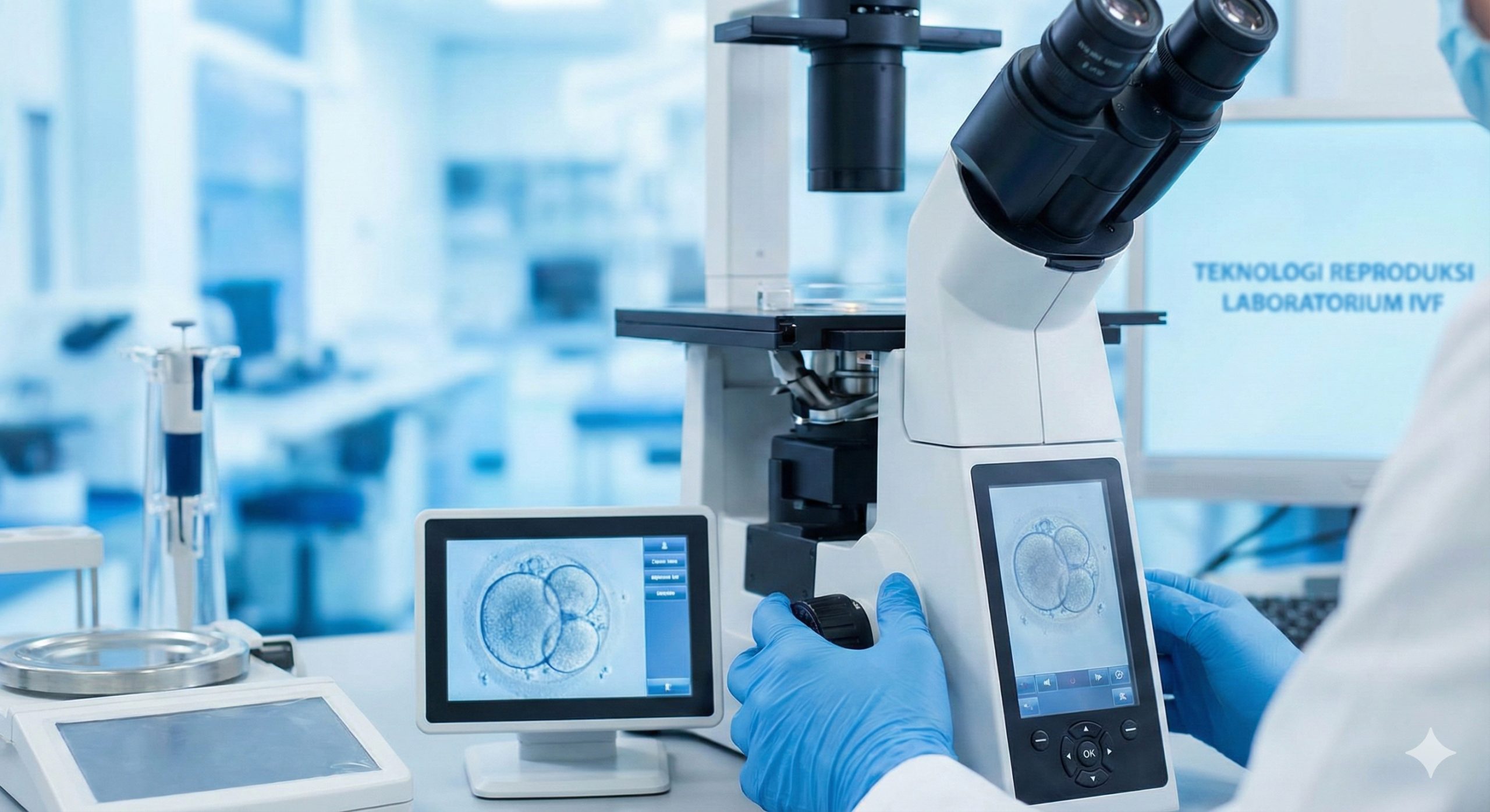 展示现代辅助生殖技术（IVF）的专业医疗场景，画面特写是显微镜下精密的细胞操作过程或洁净的高科技实验室环境。色调以专业的医疗蓝和无菌白为主，光线明亮透彻，传达出科学、精准、安全的视觉信号。这幅图旨在配合文章中关于生物学父母与孕母分离的科学解释，强调代孕背后的医学严谨性，消除读者的疑虑，展示顶尖的医疗硬件设施。