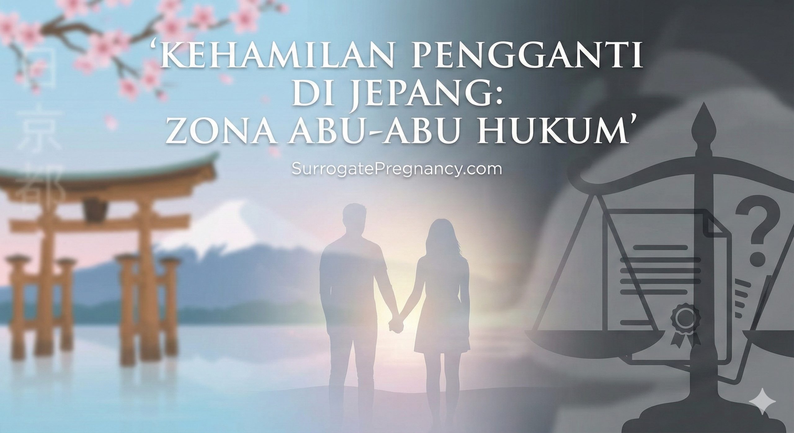 Desain sampul yang elegan dan berwibawa, menunjukkan kontras antara teknologi medis Jepang yang canggih dan kompleksitas hukum. Komposisi: Sisi kiri menampilkan ikonografi Jepang (seperti Gunung Fuji yang samar atau gerbang torii) dengan latar belakang warna pastel lembut dan bersih. Sisi kanan menampilkan simbol hukum (timbangan keadilan yang kabur atau siluet dokumen) diwarnai abu-abu gelap, menyiratkan 'zona abu-abu' legal. Di tengah, ada siluet samar sepasang orang tua yang ingin memiliki anak, melihat ke kejauhan. Judul besar yang menarik: 'Japan Surrogacy: The Legal Gray Zone'. Gaya visual bersih, modern, dan profesional, cocok untuk situs kesehatan global.