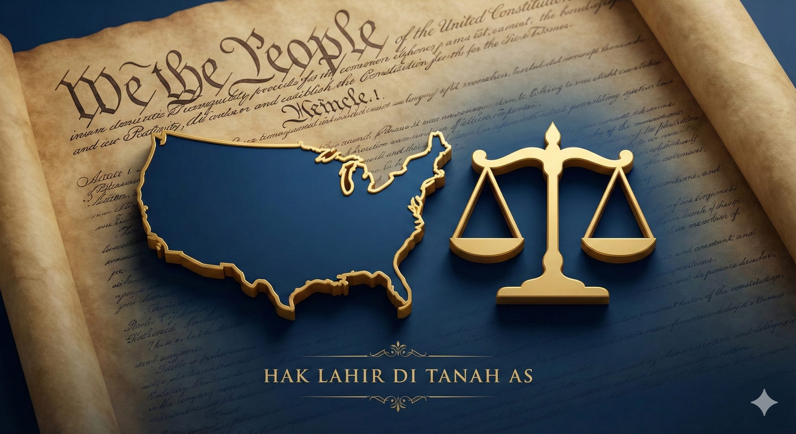 展示'落地公民权'(Jus Soli)法律概念的功能性图片。画面包含美国宪法第14修正案的古老羊皮纸文书背景,前景是一个金色的天平图标和一个风格化的美国地图轮廓。通过3D渲染风格展示法律的坚固与确定性,色彩采用代表信任的深蓝色和金色,强调通过代孕出生的婴儿自动获得美国公民身份的法律保障。