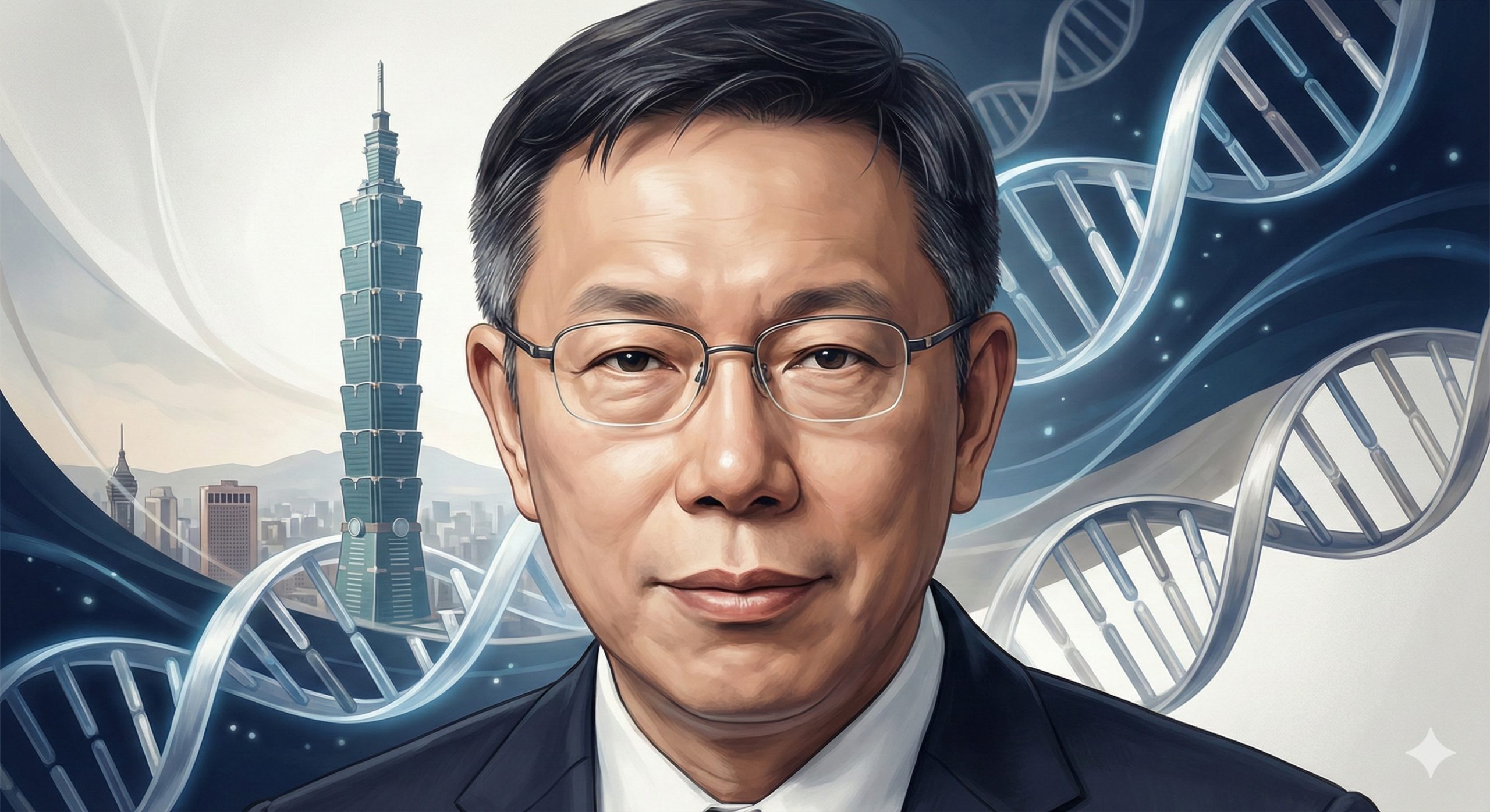 一张极具新闻价值的封面图，画面中央为台湾政治人物柯文哲（Ko Wen-je）的写实插画或合成肖像，背景融合了台北标志性建筑与DNA双螺旋结构的抽象线条，象征医疗与政治的结合。色调采用专业冷静的深蓝色与白色，体现医疗法规的严谨性。构图稳重，光线柔和，旨在传达关于代孕合法化议题的权威分析氛围。