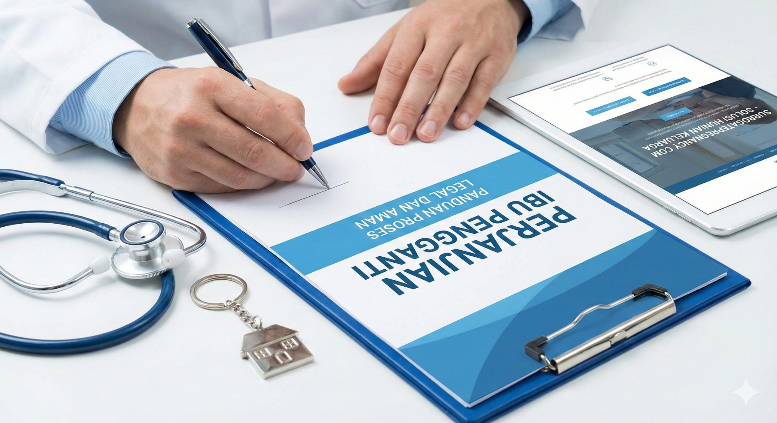 特写镜头展示正规代孕流程的安全性。画面是一双手正在签署一份正规的法律合同,桌面上摆放着听诊器(代表医疗安全)和一把带有房子的钥匙扣(代表最终目标)。色调偏向信任感强的蓝色和白色,传达出合法、安全、受保护的专业机构形象,避免产生地下市场的联想。