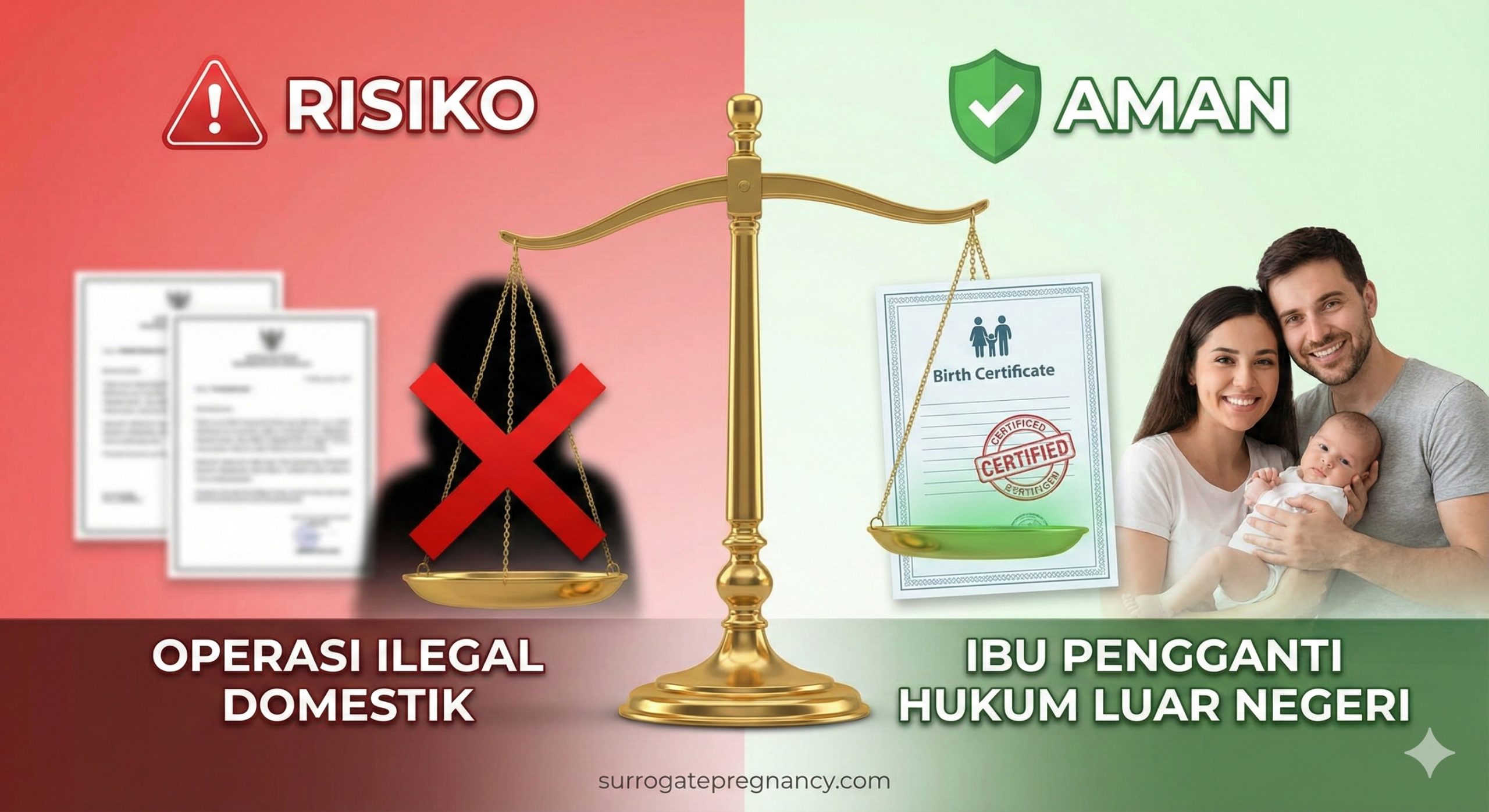 Perbandingan visual antara risiko hukum surrogasi ilegal di dalam negeri versus keamanan hukum dan perlindungan keluarga melalui jalur surrogasi legal di luar negeri.