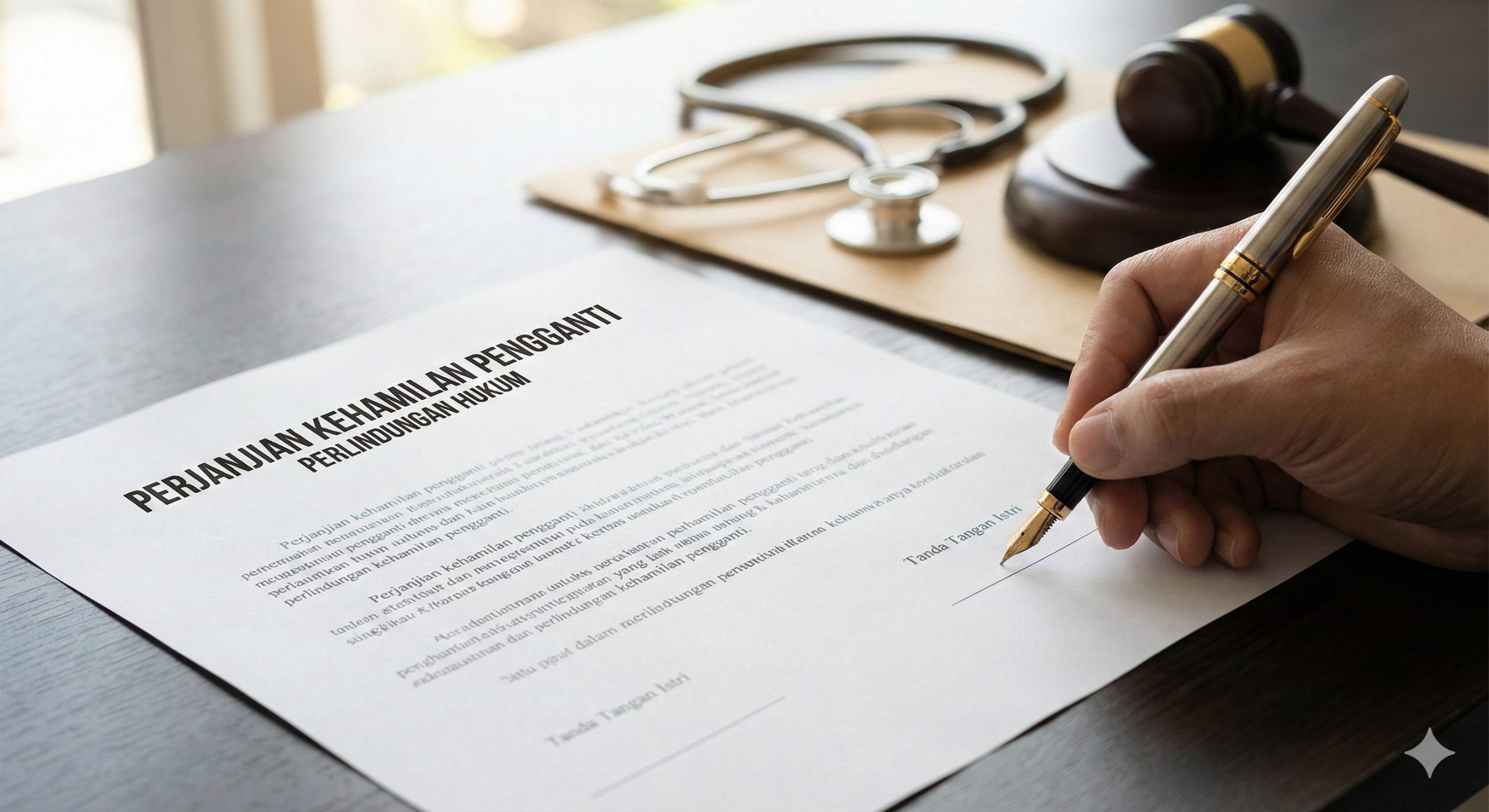 一张强调法律保障与安全性的特写摄影图。画面焦点聚焦在桌面上的一份正式法律文件（代孕协议）上，一只手正握着高档钢笔在签字线上签名，旁边放置着听诊器和法槌的模糊轮廓。光线采用侧光，突出纸张的质感和签字的庄重感。色调沉稳深邃，传达出信任、可靠、透明和法律合规的氛围，对应文章中关于避免风险和法律保护的优势部分。