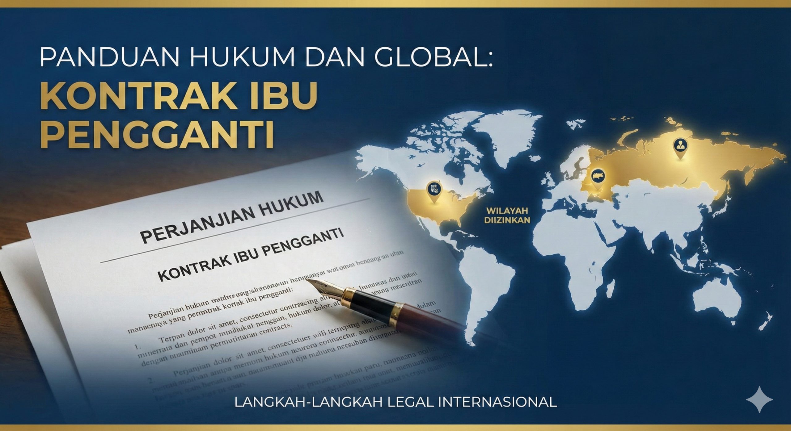 此图旨在说明代孕的法律和国际化“教程”或步骤。构图应将一份清晰、正式的法律合同文本(作为前景)与一张泛着柔和光芒的世界地图(作为背景)结合起来。地图上应有几个亮点(例如,东欧、北美),代表允许国际代孕的合法国家。前景的合同上可印有“Legal Agreement”和“Surrogacy Contract”的字样,并有一支钢笔放在旁边,强调流程中的法律严谨性。风格应是专业且具有全球视野的,颜色以深蓝和金色为主,象征信任和法律的权威性。